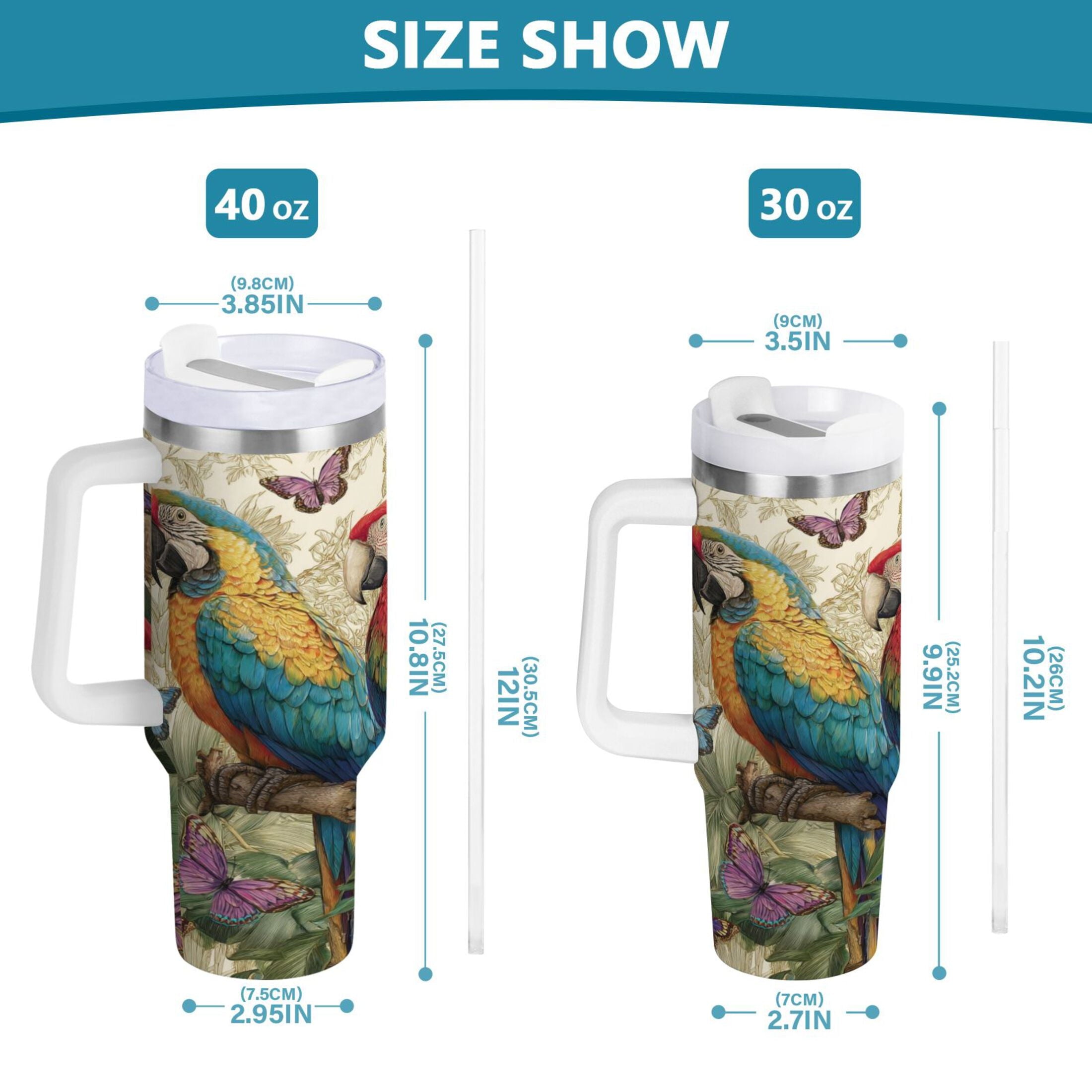 30 oz Insulated Stainless Steel Tumbler Double Wall Stainless Steel Tumbler with 2-Way Drinking Colorful Beautiful Parrots - FM7O