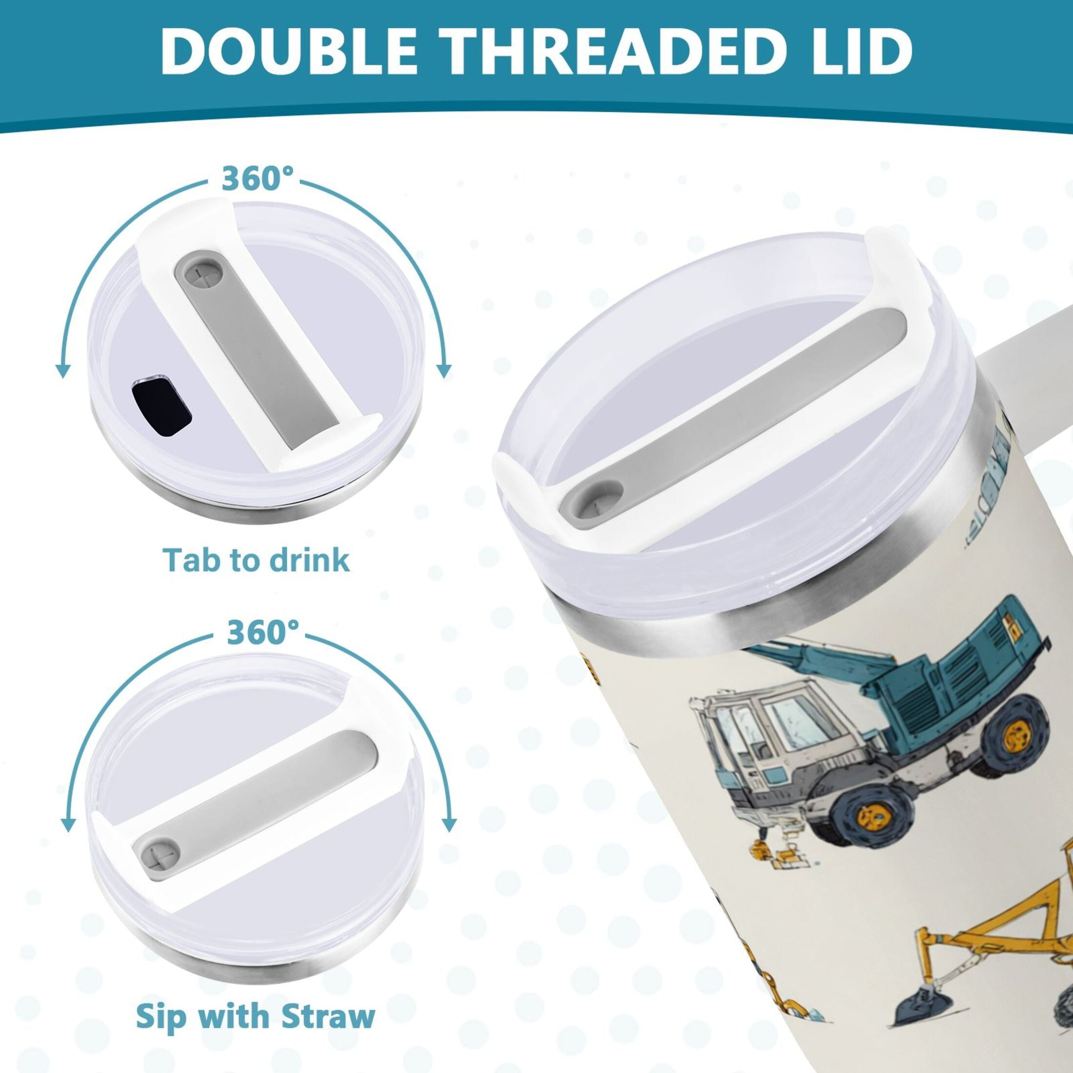 30 oz Insulated Stainless Steel Tumbler Double Wall Stainless Steel Tumbler with 2-Way Drinking Engineering Vehicle Pattern - 5GC0