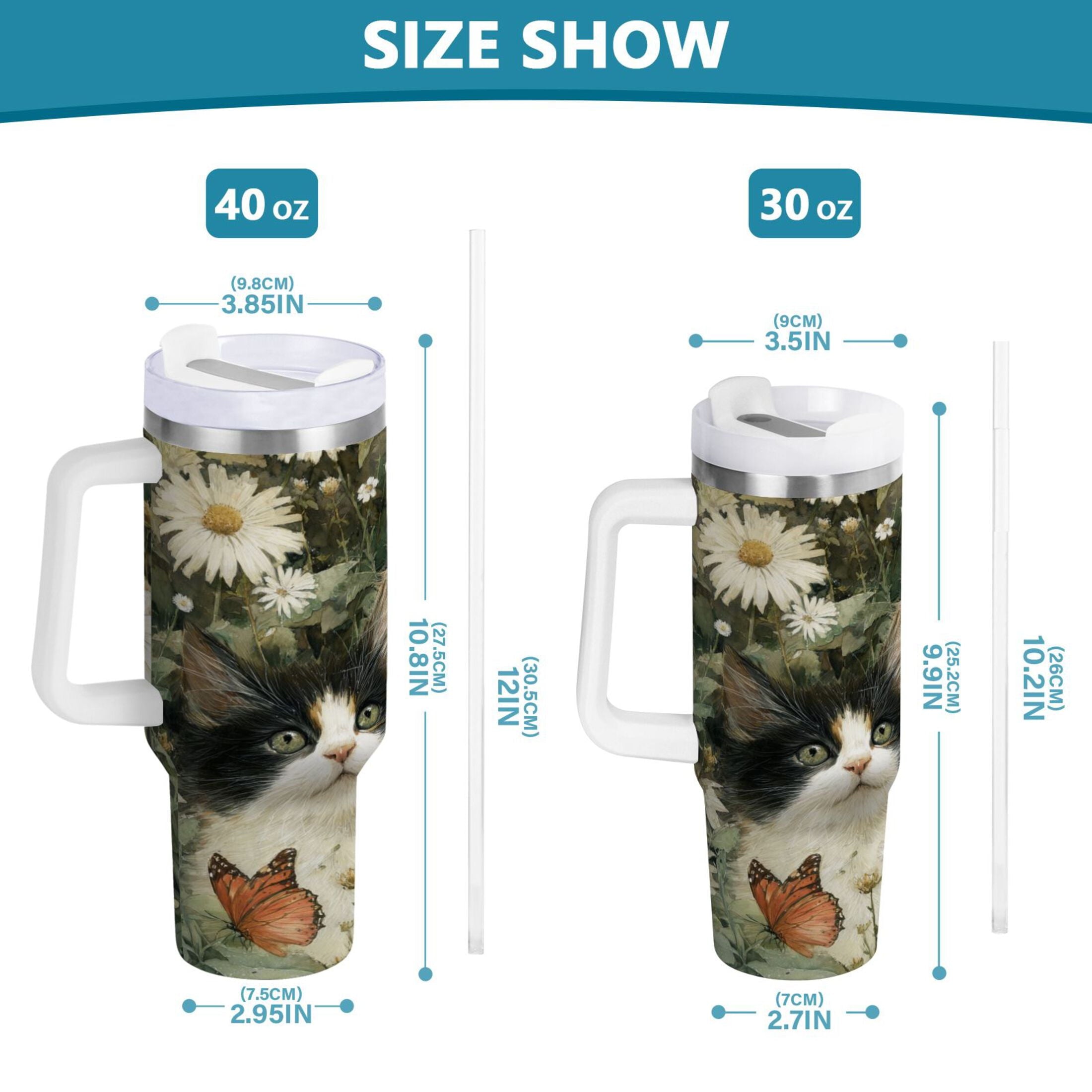 30 oz Insulated Stainless Steel Tumbler Double Wall Stainless Steel Tumbler with 2-Way Drinking Adorable Cats and Daisies - I13N