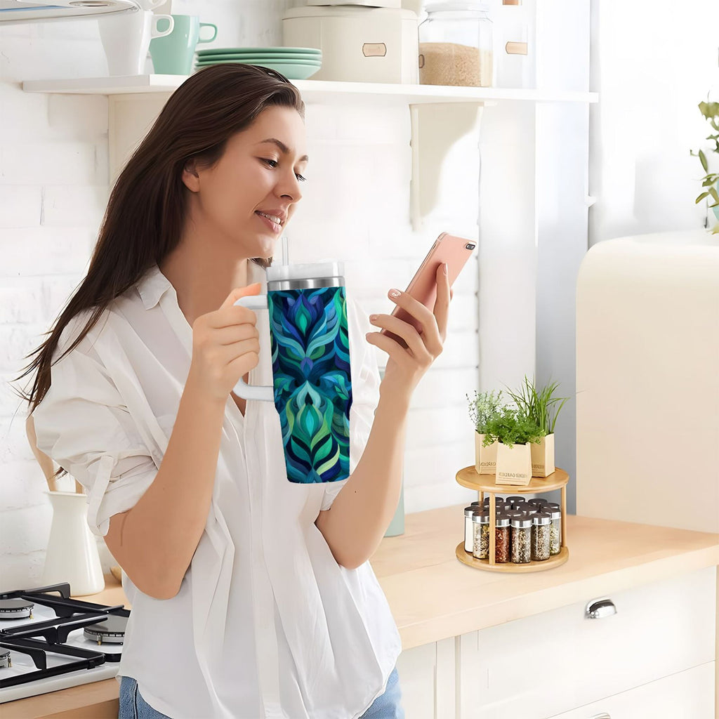 40 oz Insulated Stainless Steel Tumbler Double Wall Stainless Steel Tumbler with 2-Way Drinking Elegant Blue Abstract Shapes - BNTB