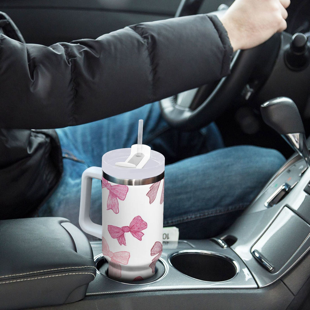 40 oz Insulated Stainless Steel Tumbler Double Wall Stainless Steel Tumbler with 2-Way Drinking Pink Bows Pattern - L9C5