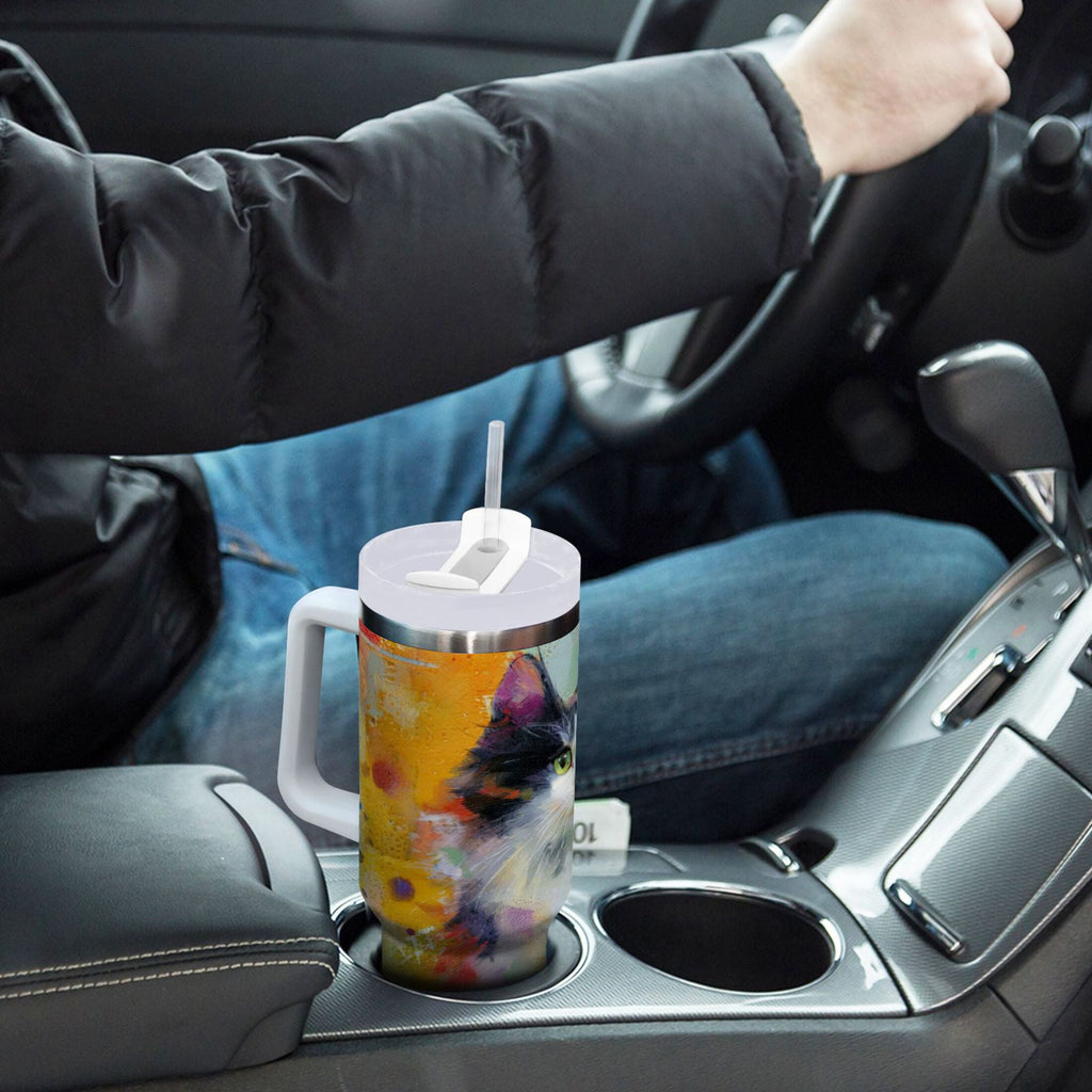 30 oz Insulated Stainless Steel Tumbler Double Wall Stainless Steel Tumbler with 2-Way Drinking Charming Hairy Cat - 7DUD