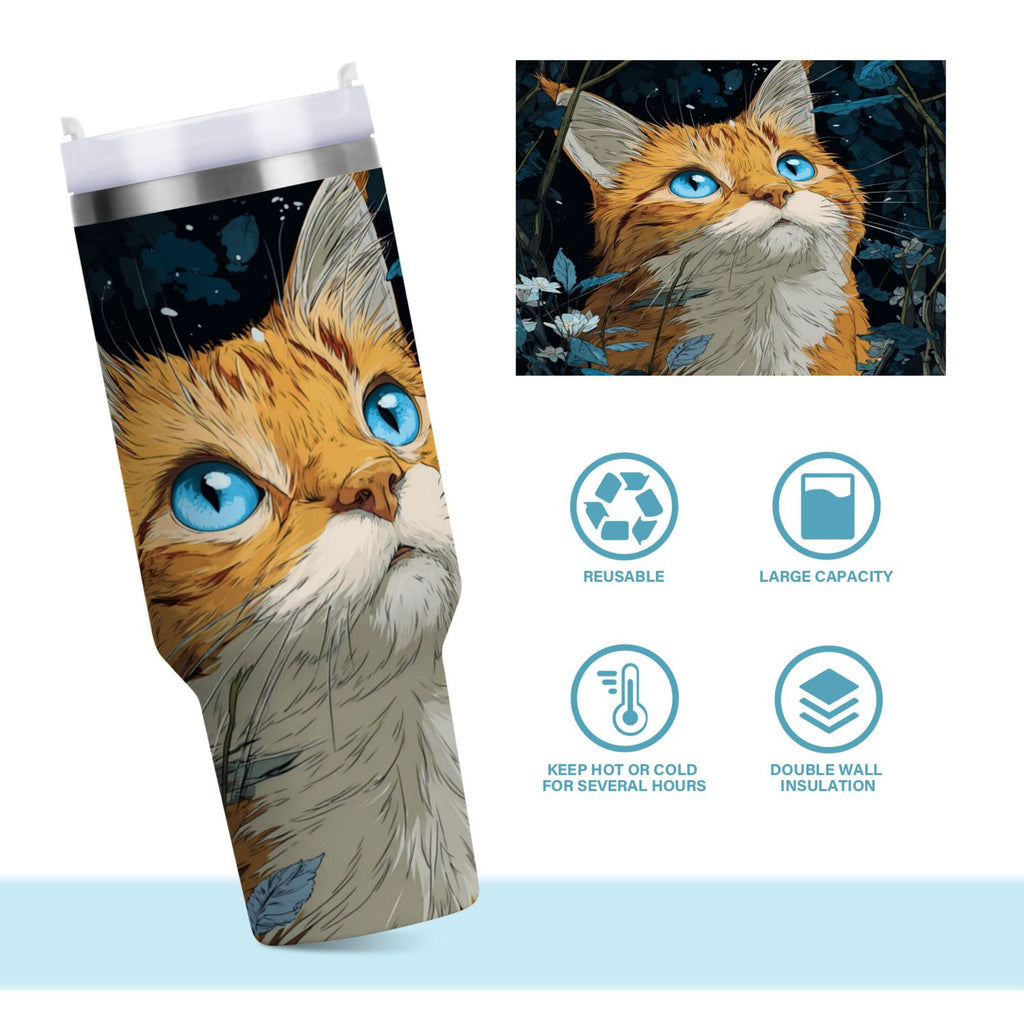 30 oz Insulated Stainless Steel Tumbler Double Wall Stainless Steel Tumbler with 2-Way Drinking Orange Cat with Blue Eyes - P494