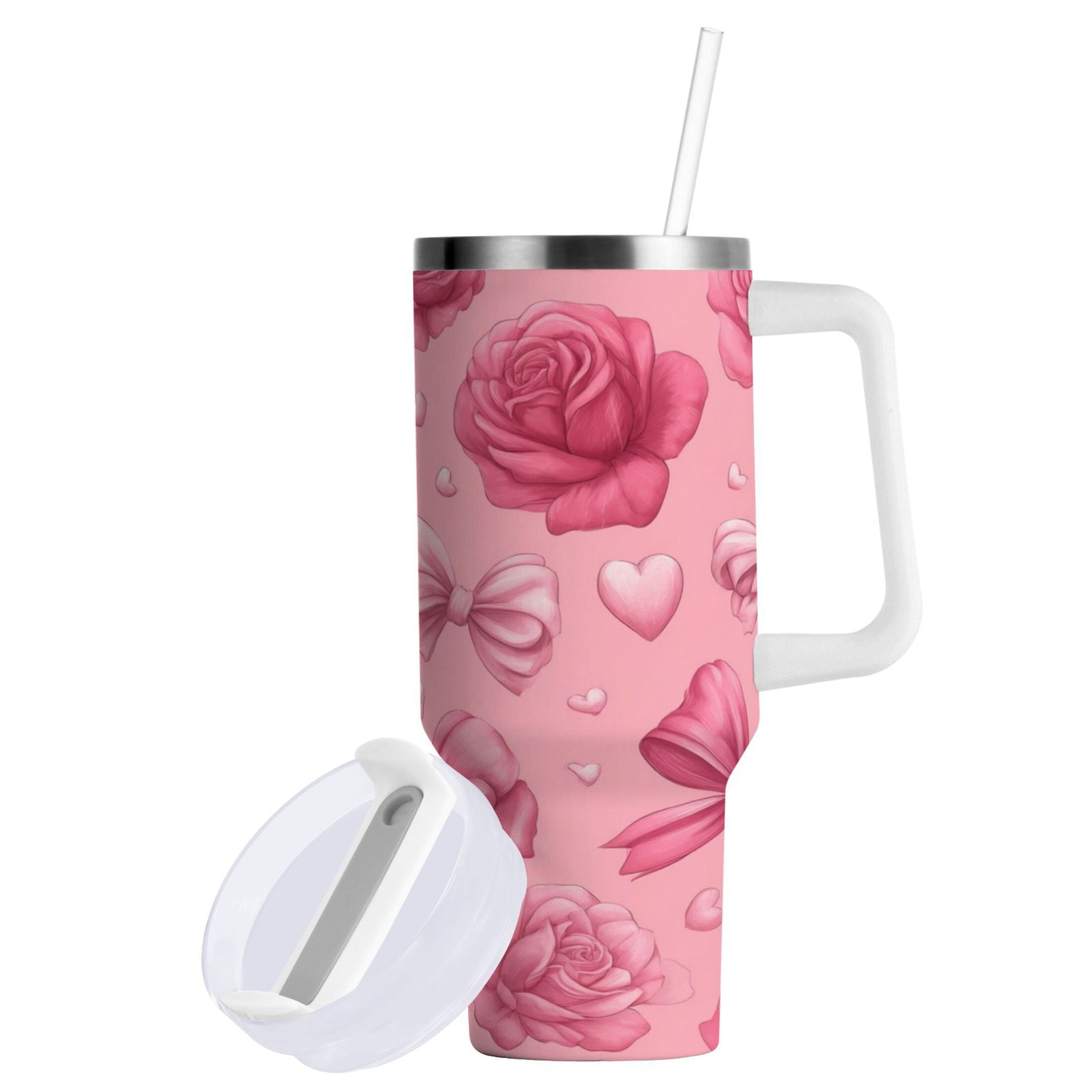 40 oz Insulated Stainless Steel Tumbler Double Wall Stainless Steel Tumbler with 2-Way Drinking Roses and Bows Pattern - EI7Q