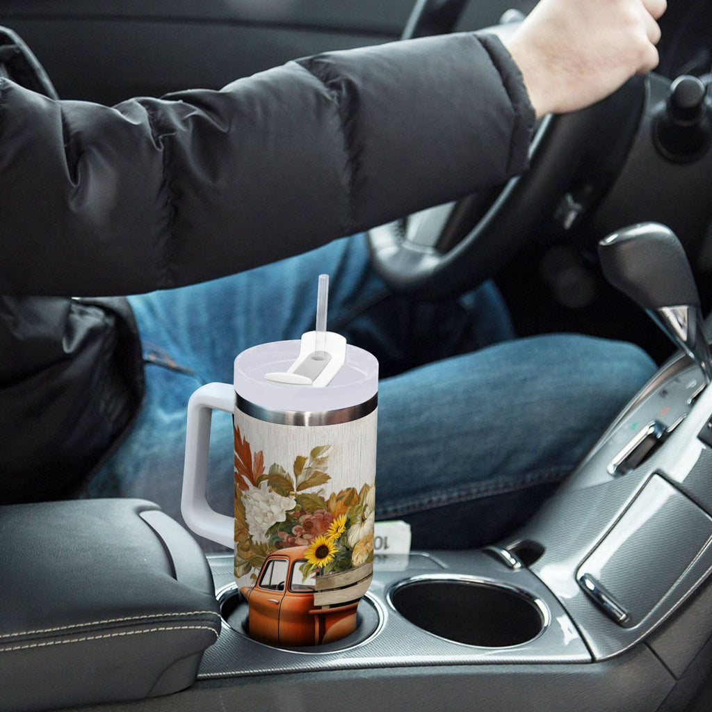40 oz Insulated Stainless Steel Tumbler Double Wall Stainless Steel Tumbler with 2-Way Drinking Truck Full Of Pumpkins - GH7X