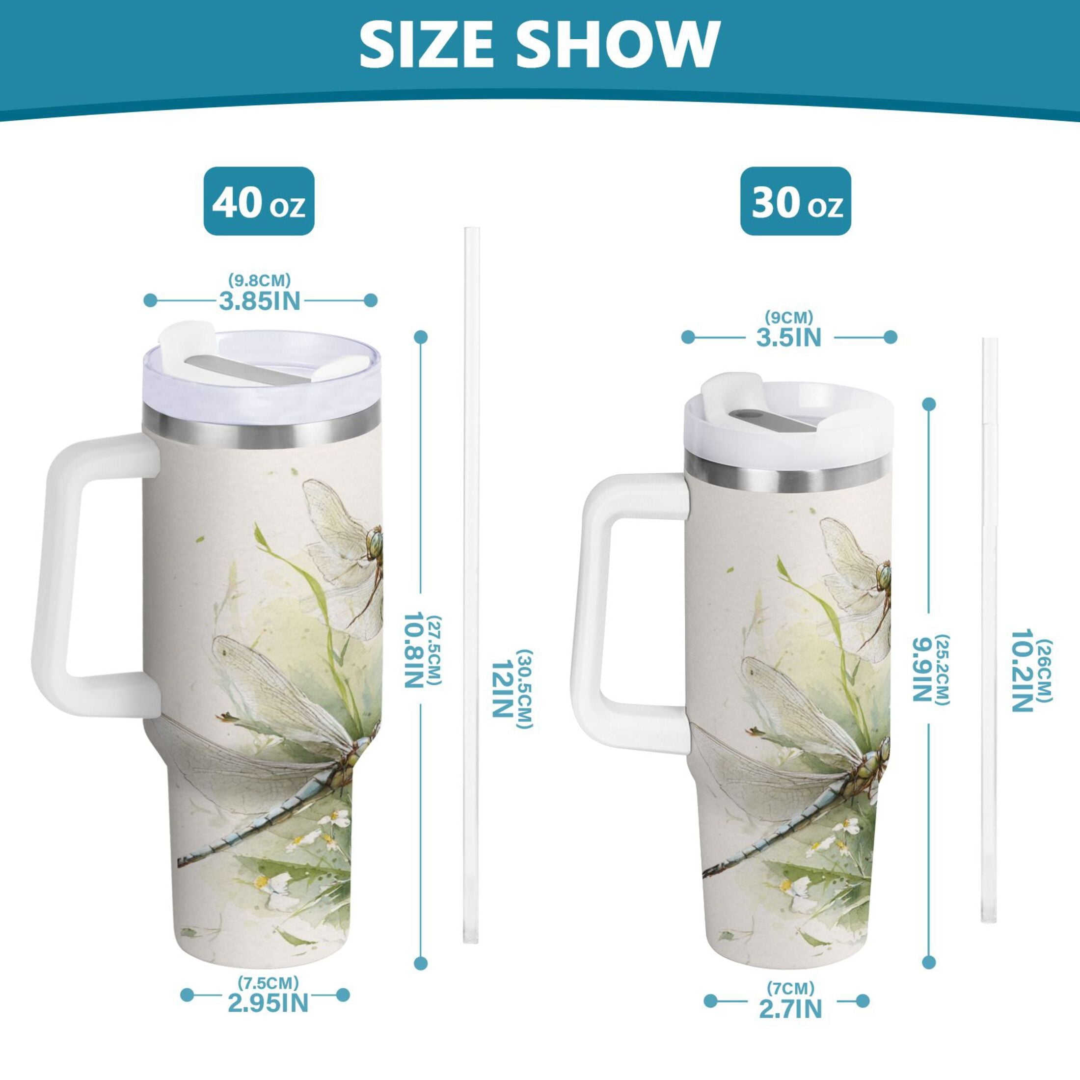 30 oz Insulated Stainless Steel Tumbler Double Wall Stainless Steel Tumbler with 2-Way Drinking Dragonflies with White Daisies - GDM9