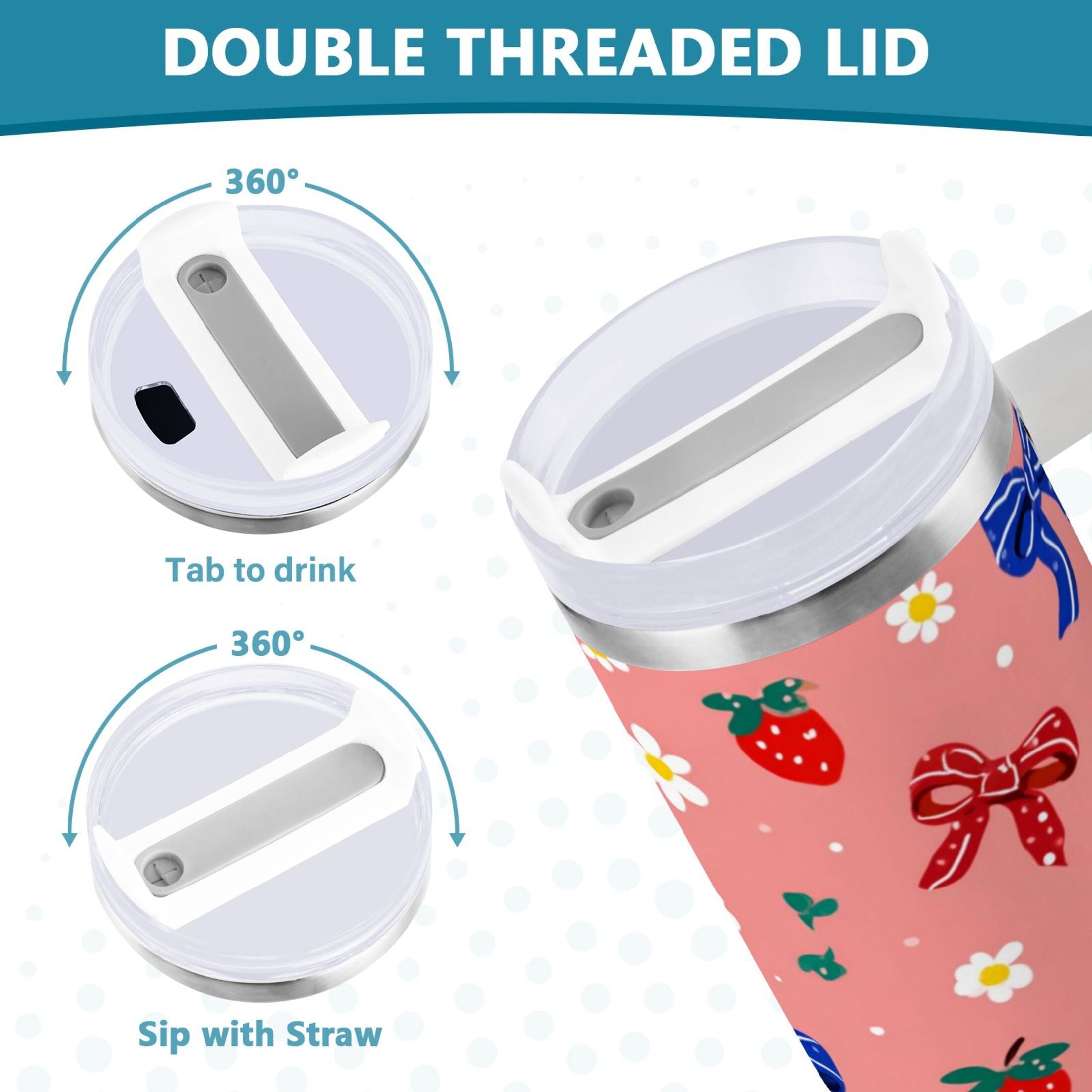 40 oz Insulated Stainless Steel Tumbler Double Wall Stainless Steel Tumbler with 2-Way Drinking Bows and Strawberries Pattern - G1UI