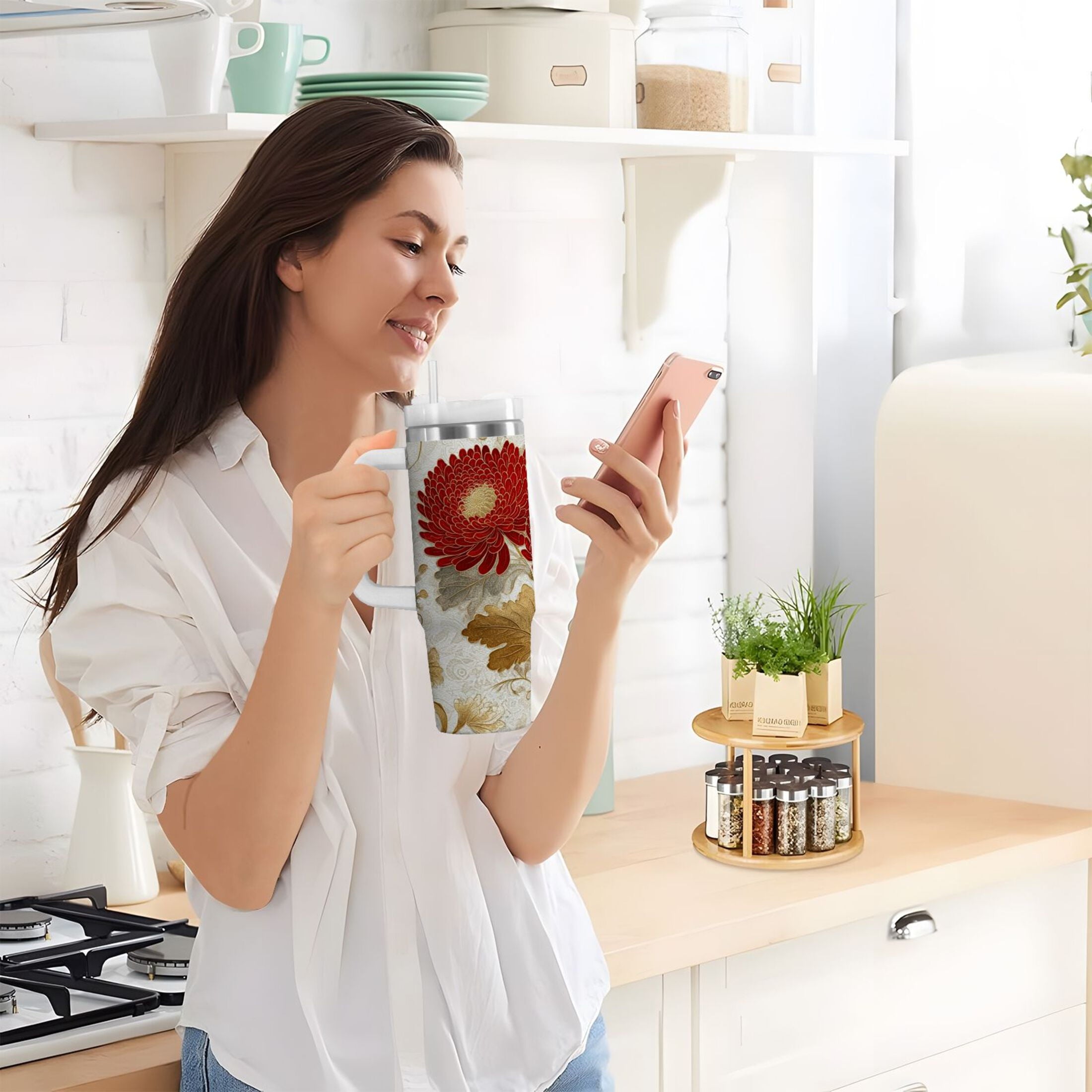 30 oz Insulated Stainless Steel Tumbler Double Wall Stainless Steel Tumbler with 2-Way Drinking Red Chrysanthemum Pattern - BLDC