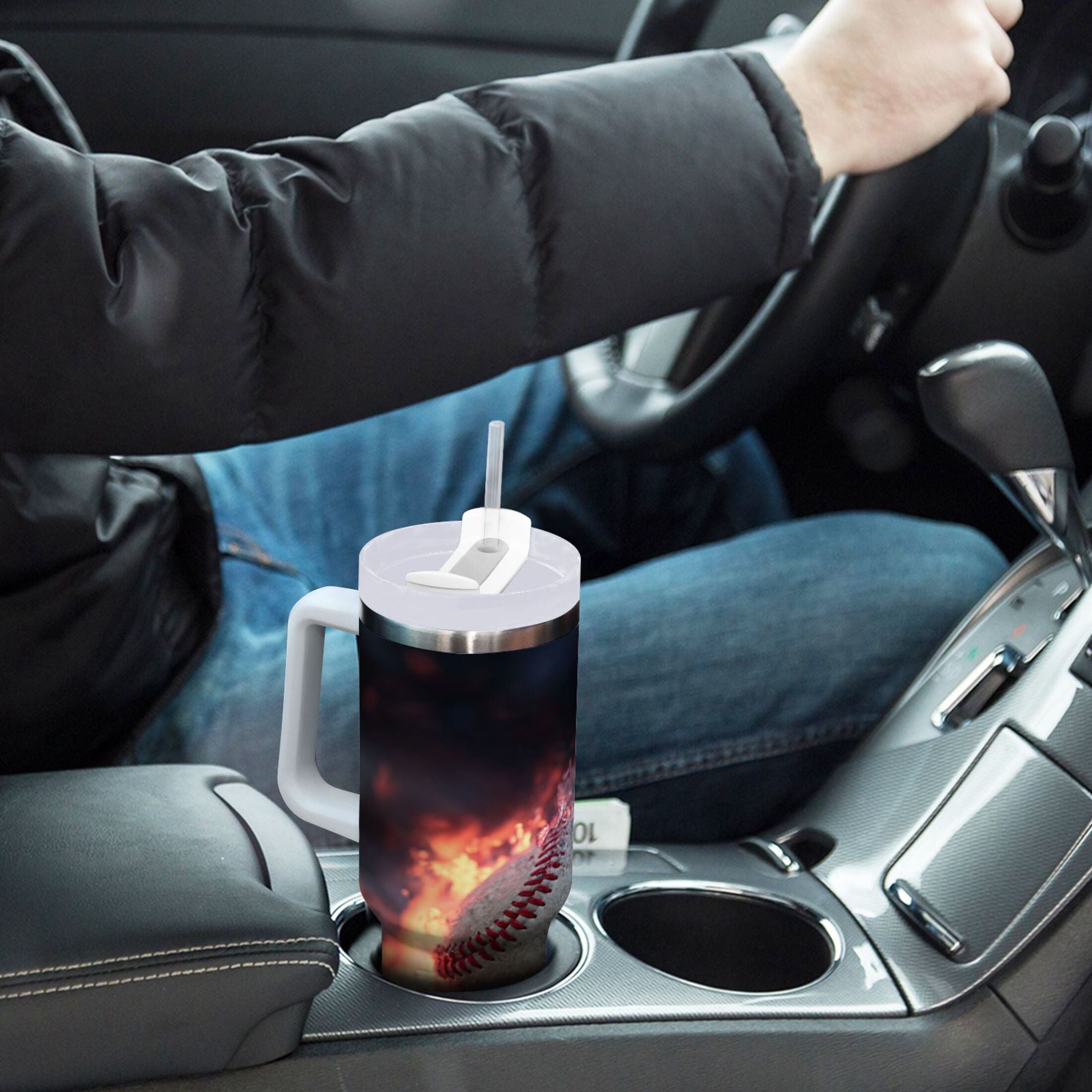 40 oz Insulated Stainless Steel Tumbler Double Wall Stainless Steel Tumbler with 2-Way Drinking Baseball with Water and Fire - MUV8