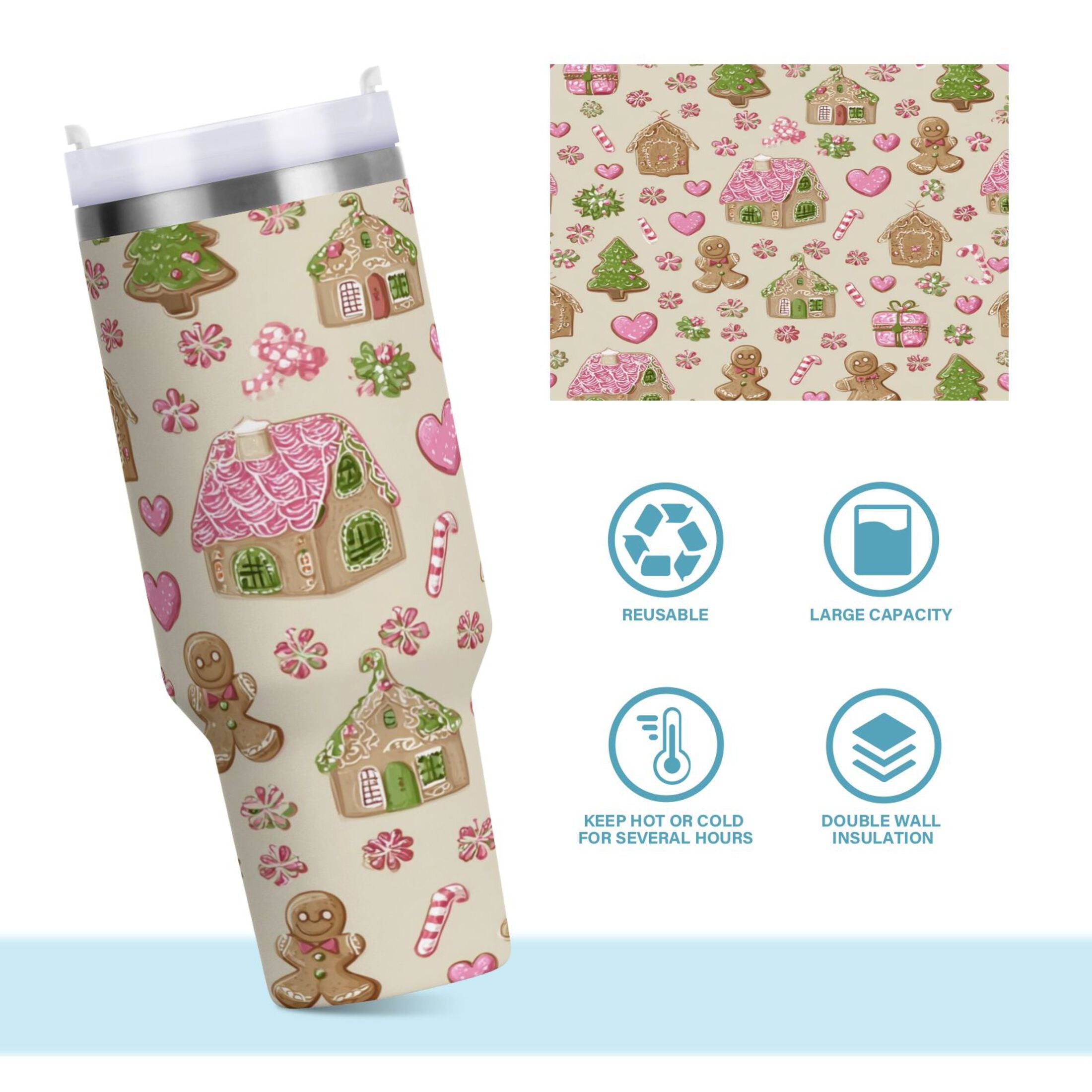 40 oz Insulated Stainless Steel Tumbler Double Wall Stainless Steel Tumbler with 2-Way Drinking Pink Cute Christmas Pattern - QX37