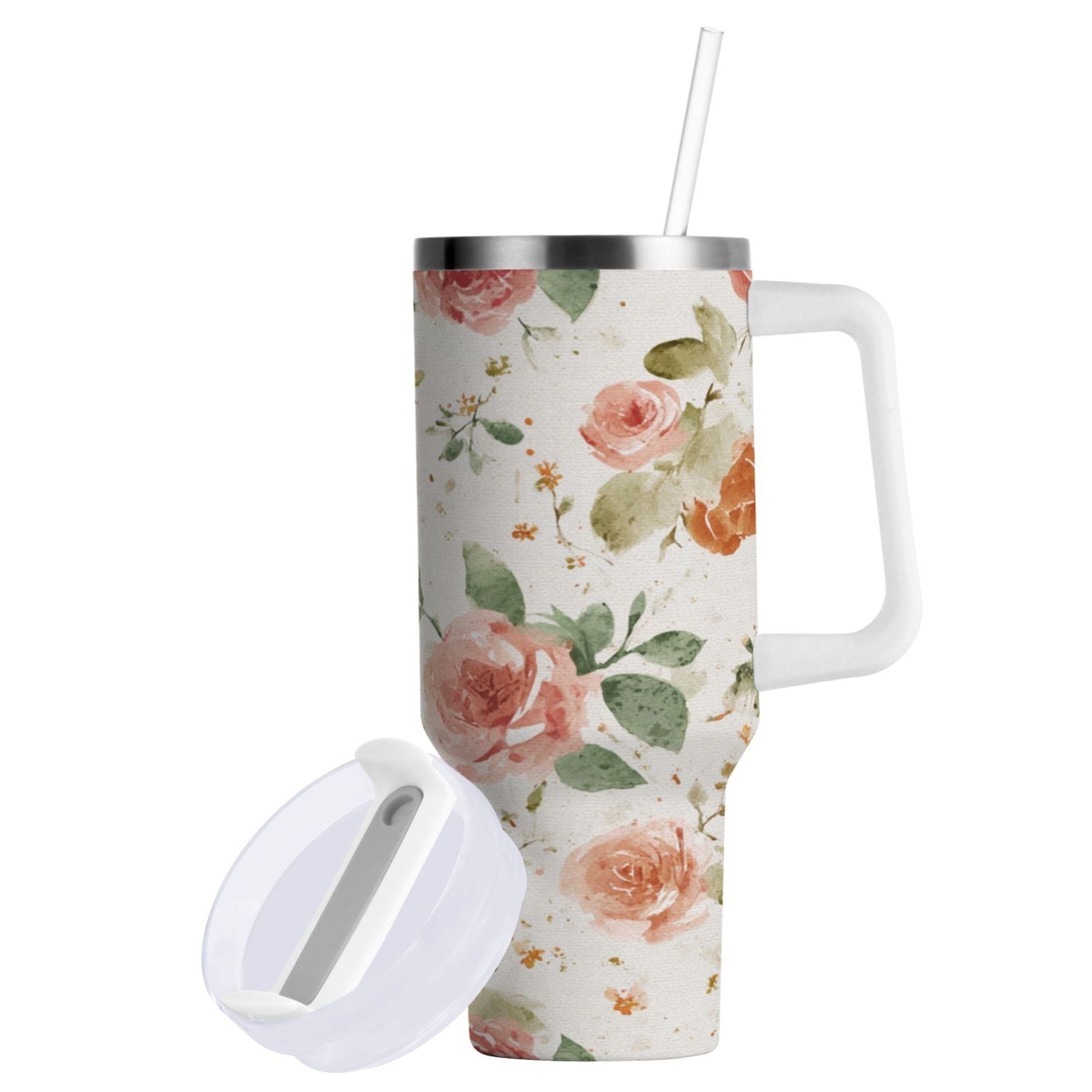 40 oz Insulated Stainless Steel Tumbler Double Wall Stainless Steel Tumbler with 2-Way Drinking Watercolor Rose Floral Pattern - 7Y19