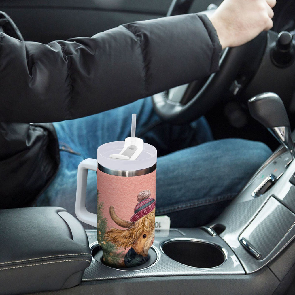 30 oz Insulated Stainless Steel Tumbler Double Wall Stainless Steel Tumbler with 2-Way Drinking Cow Wearing Scarf and Hat - AI5P