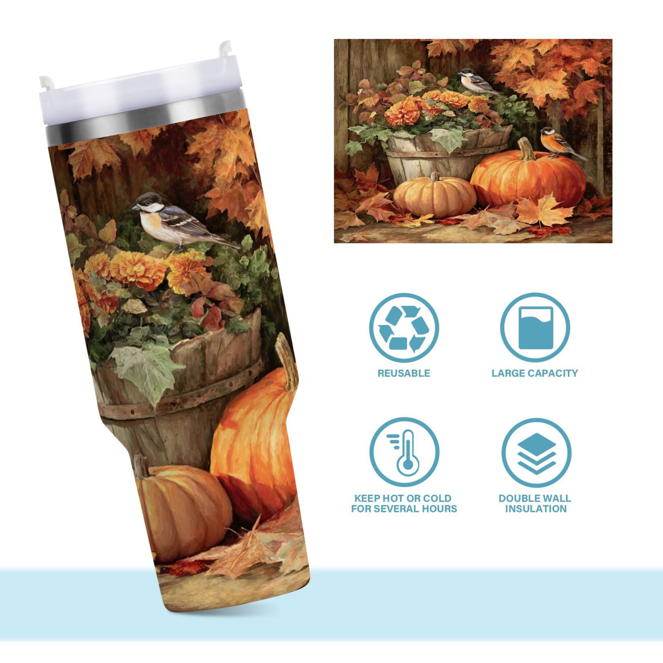 30 oz Insulated Stainless Steel Tumbler Double Wall Stainless Steel Tumbler with 2-Way Drinking Beautiful Fall Scene - M7FU