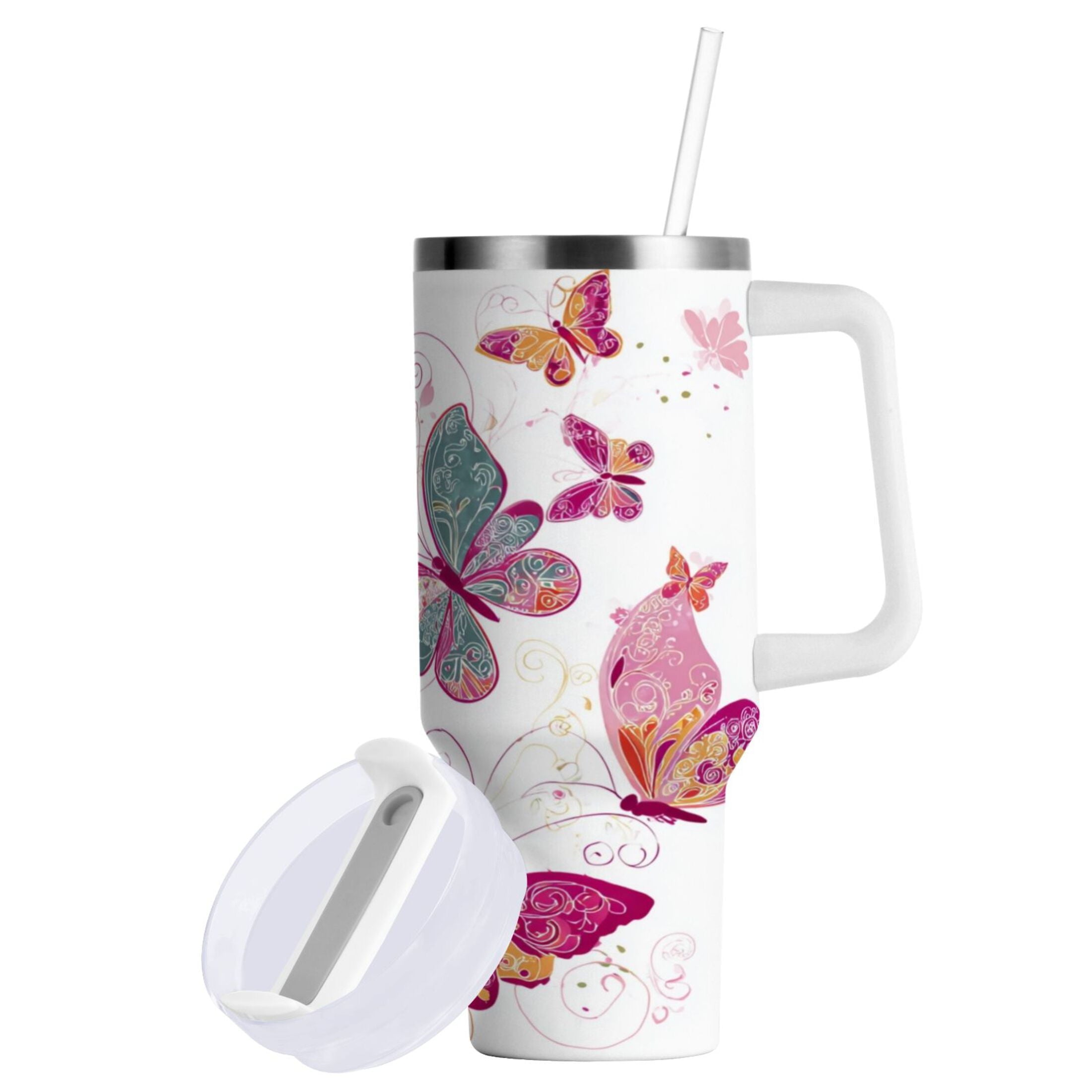 30 oz Insulated Stainless Steel Tumbler Double Wall Stainless Steel Tumbler with 2-Way Drinking Colorful Butterflies - VH11