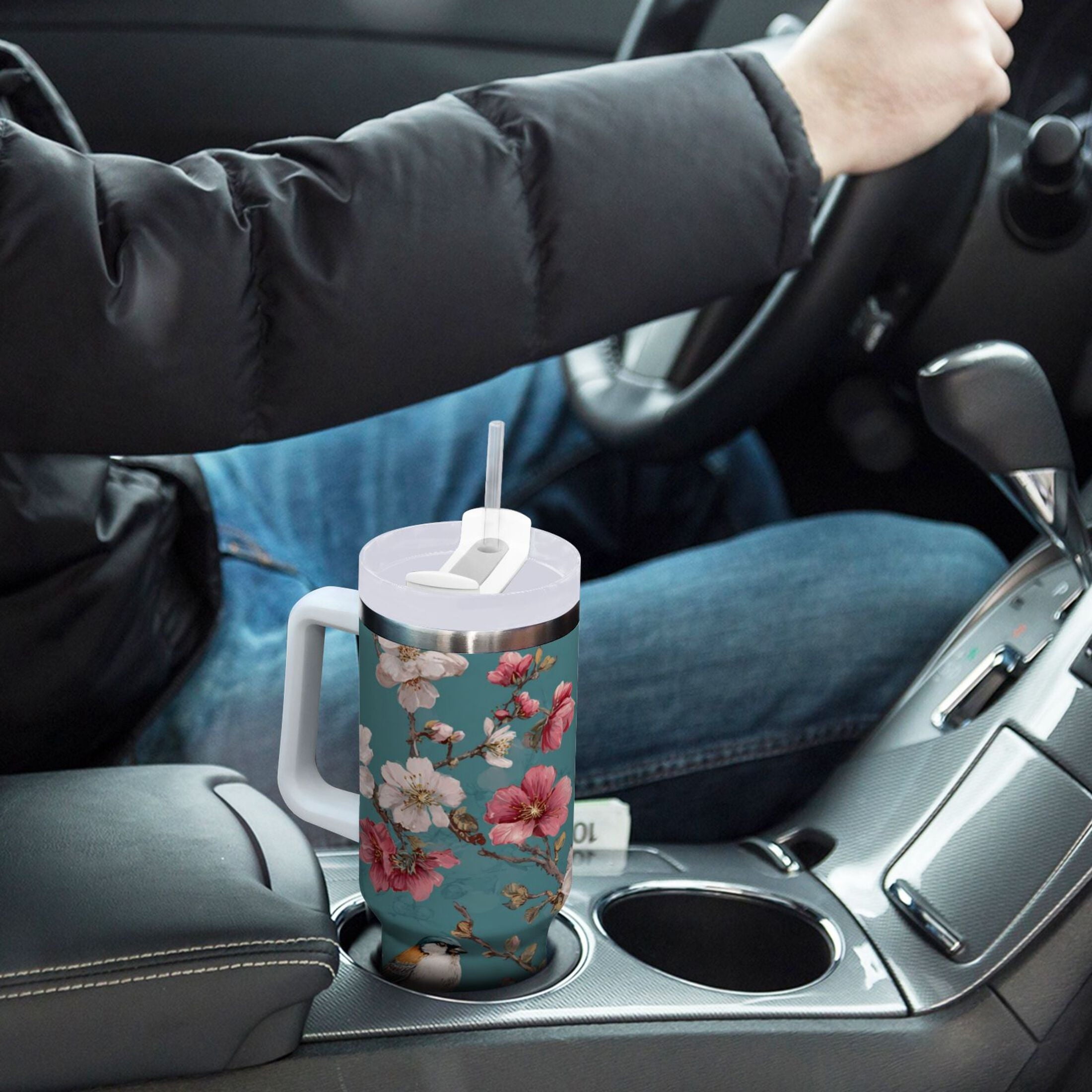 30 oz Insulated Stainless Steel Tumbler Double Wall Stainless Steel Tumbler with 2-Way Drinking Birds and Cherry Pattern - N2QS
