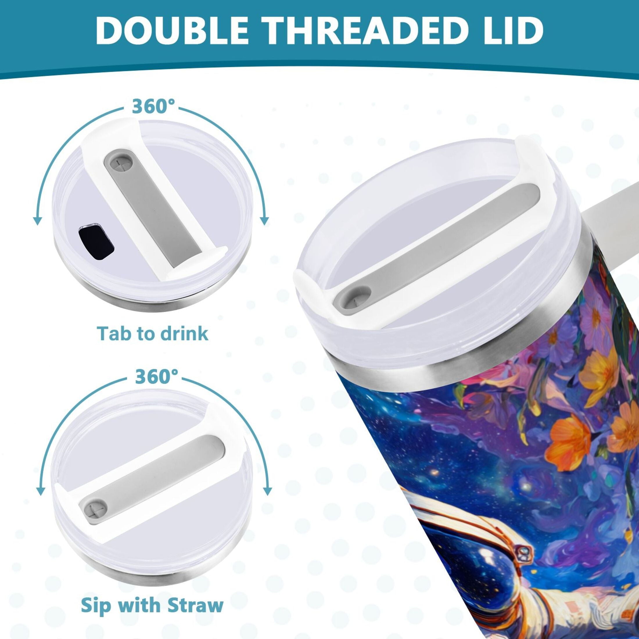 40 oz Insulated Stainless Steel Tumbler Double Wall Stainless Steel Tumbler with 2-Way Drinking Astronaut and Colorful Flowers - QD6W