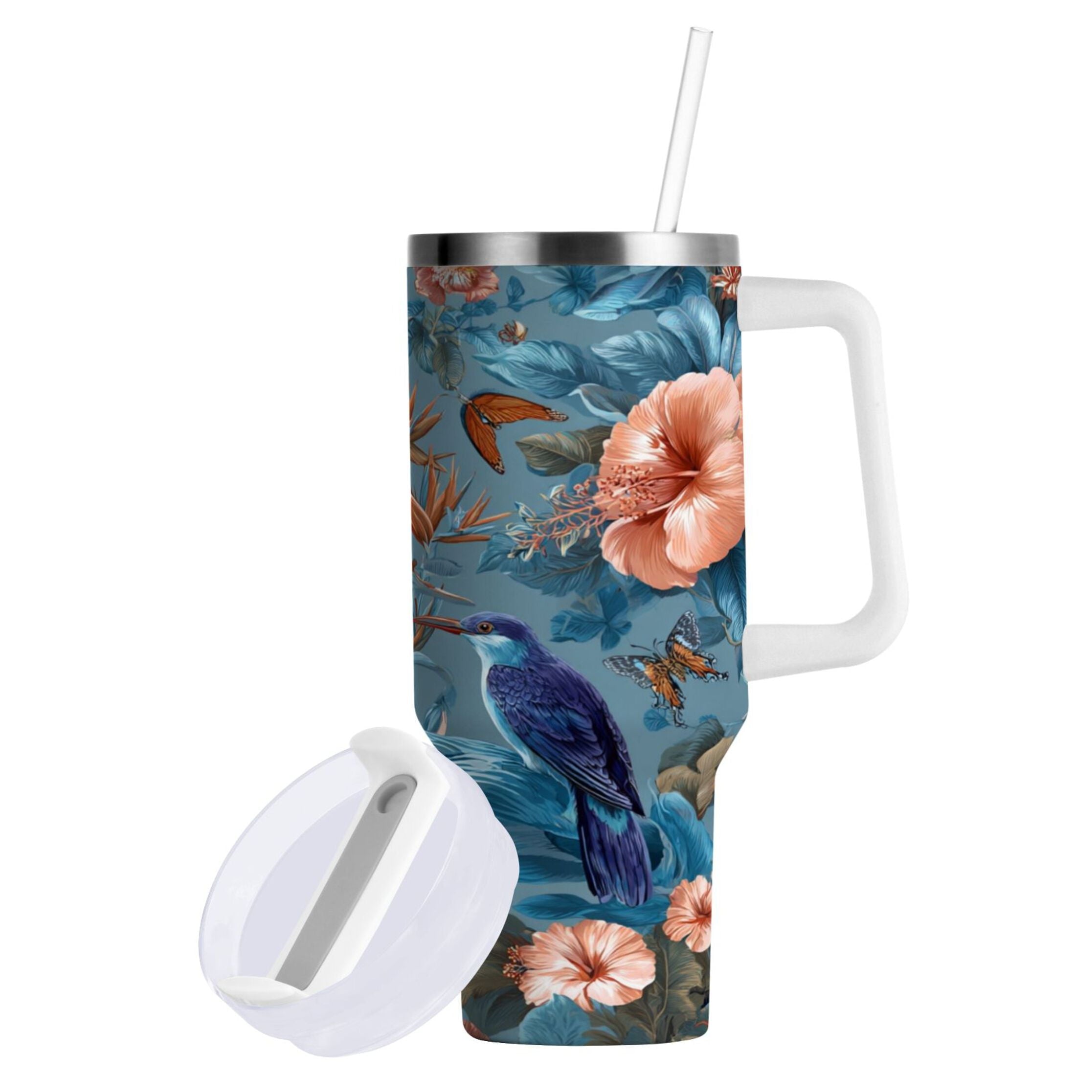 30 oz Insulated Stainless Steel Tumbler Double Wall Stainless Steel Tumbler with 2-Way Drinking Birds and Flowers - N6J0