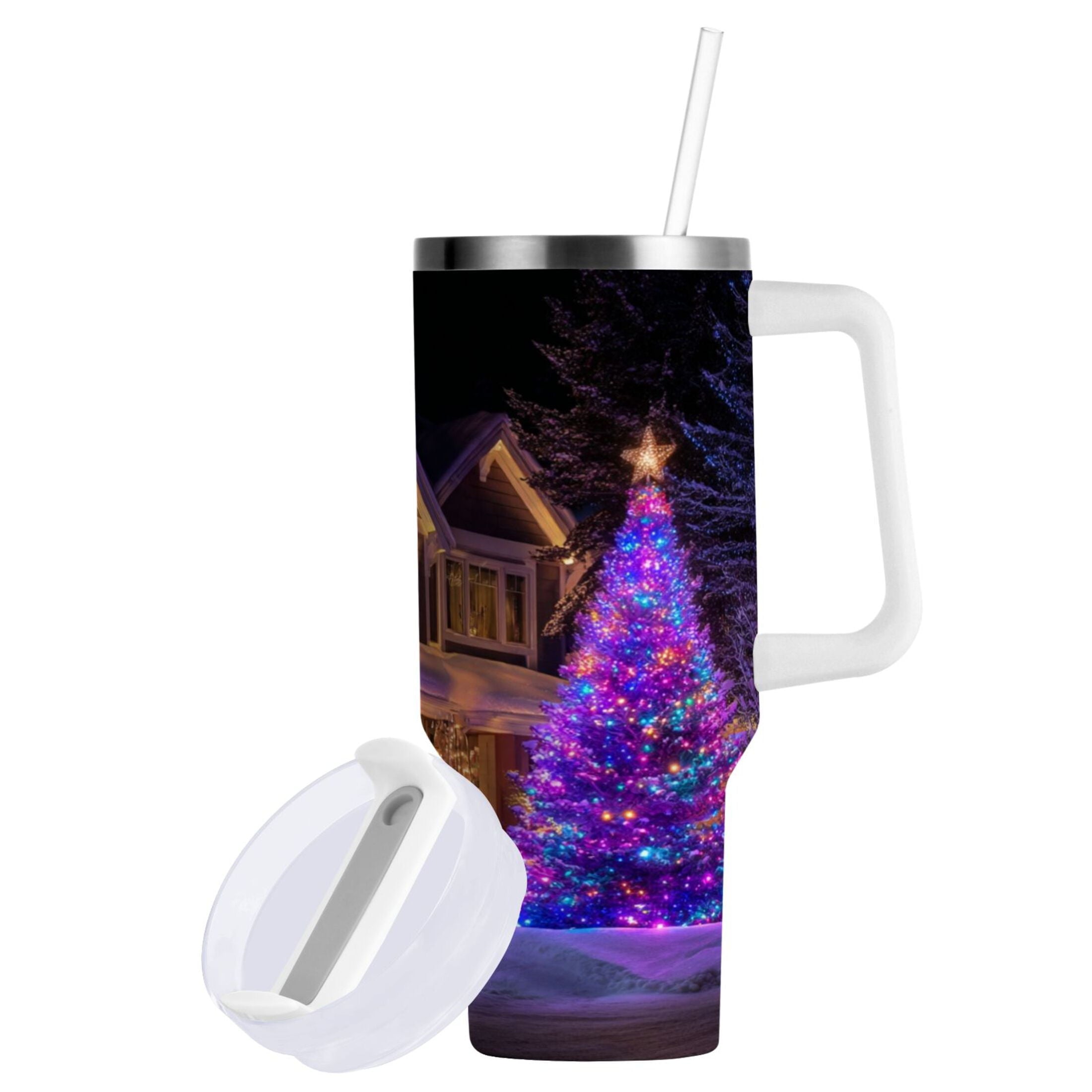 40 oz Insulated Stainless Steel Tumbler Double Wall Stainless Steel Tumbler with 2-Way Drinking Christmas Trees with Lights - 255A