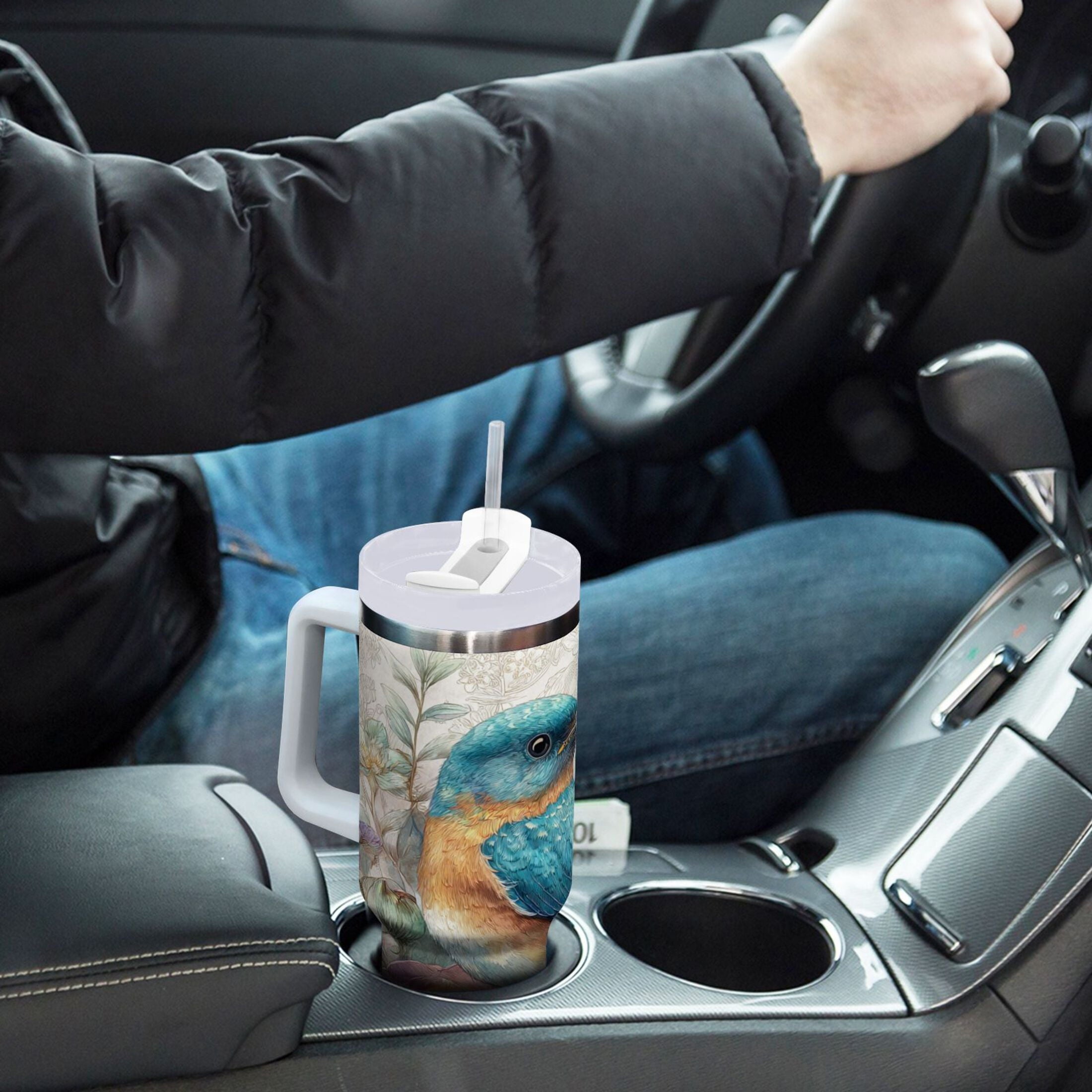 30 oz Insulated Stainless Steel Tumbler Double Wall Stainless Steel Tumbler with 2-Way Drinking Bluebird and Flower - VS42