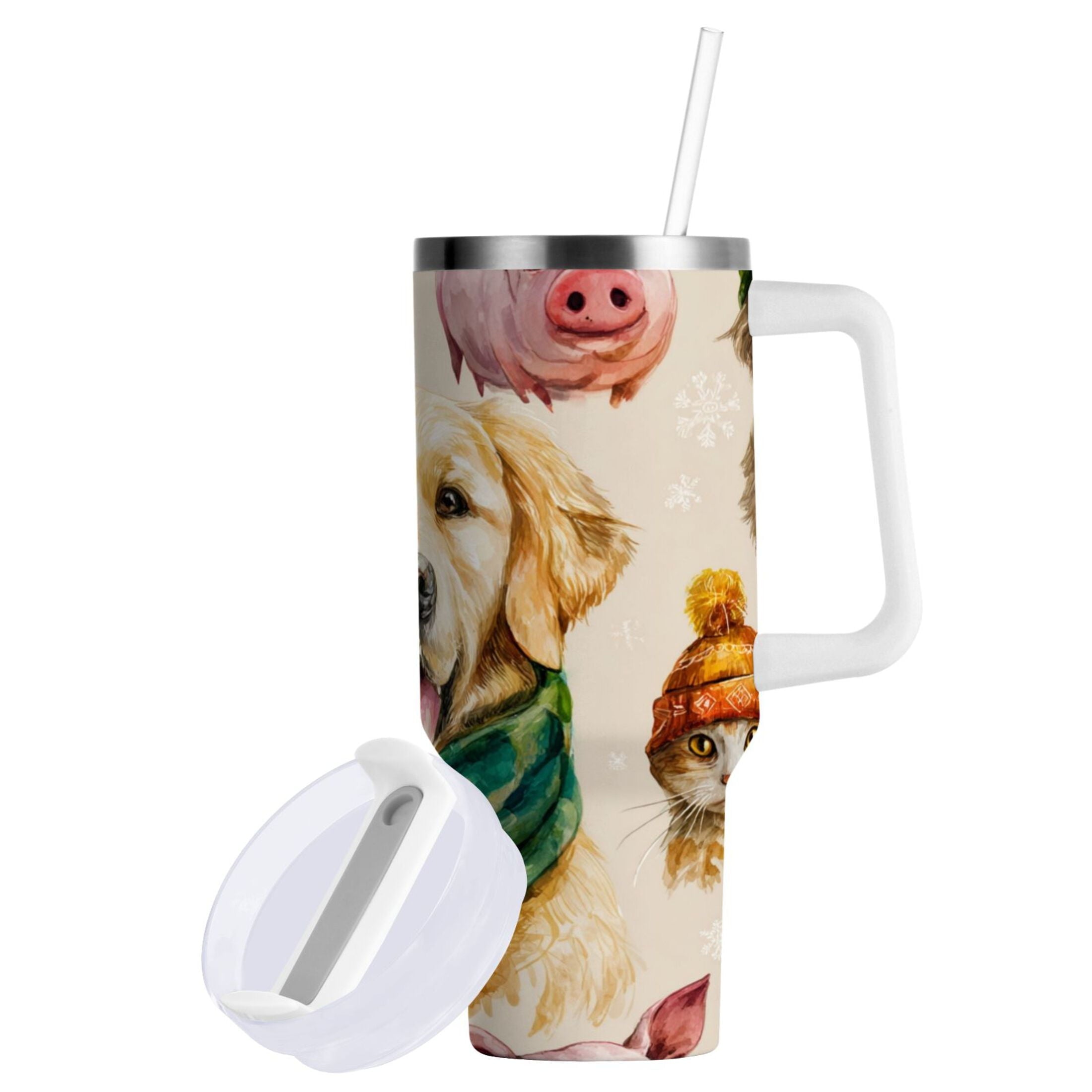 30 oz Insulated Stainless Steel Tumbler Double Wall Stainless Steel Tumbler with 2-Way Drinking Watercolor Animals Pattern - JXLX