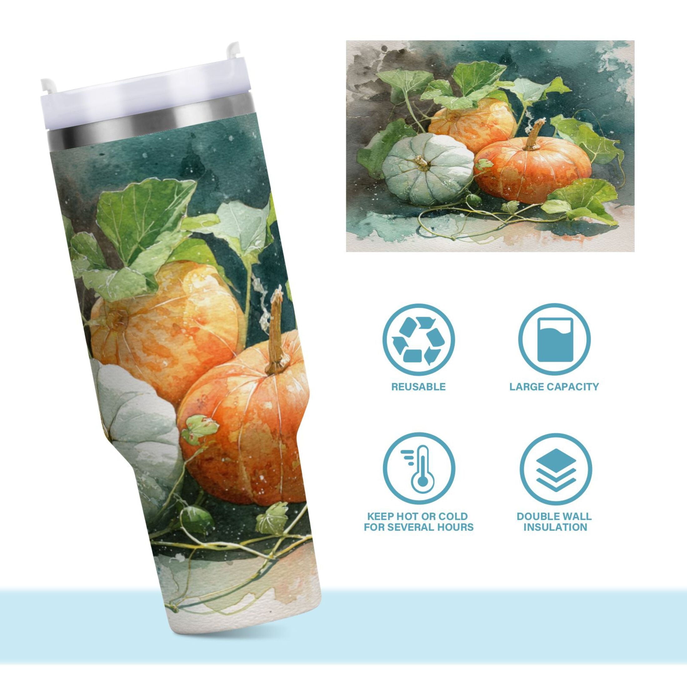 40 oz Insulated Stainless Steel Tumbler Double Wall Stainless Steel Tumbler with 2-Way Drinking Orange and White Pumpkins - P3HQ