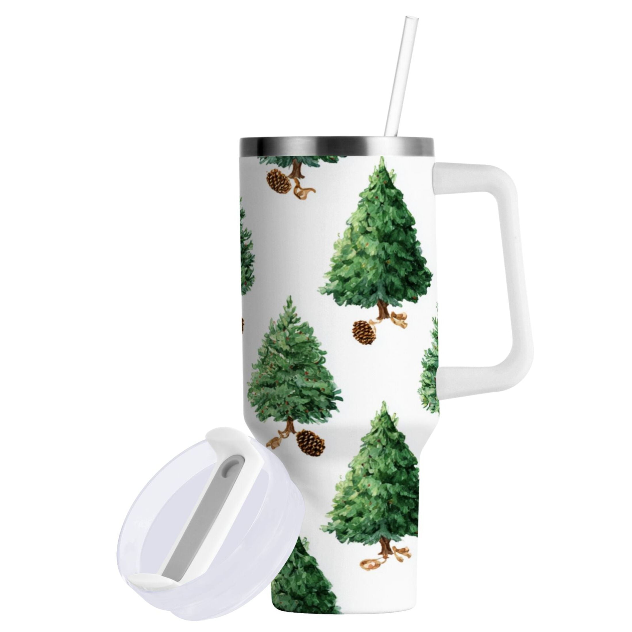 30 oz Insulated Stainless Steel Tumbler Double Wall Stainless Steel Tumbler with 2-Way Drinking Watercolor Green Christmas Tree - QM25