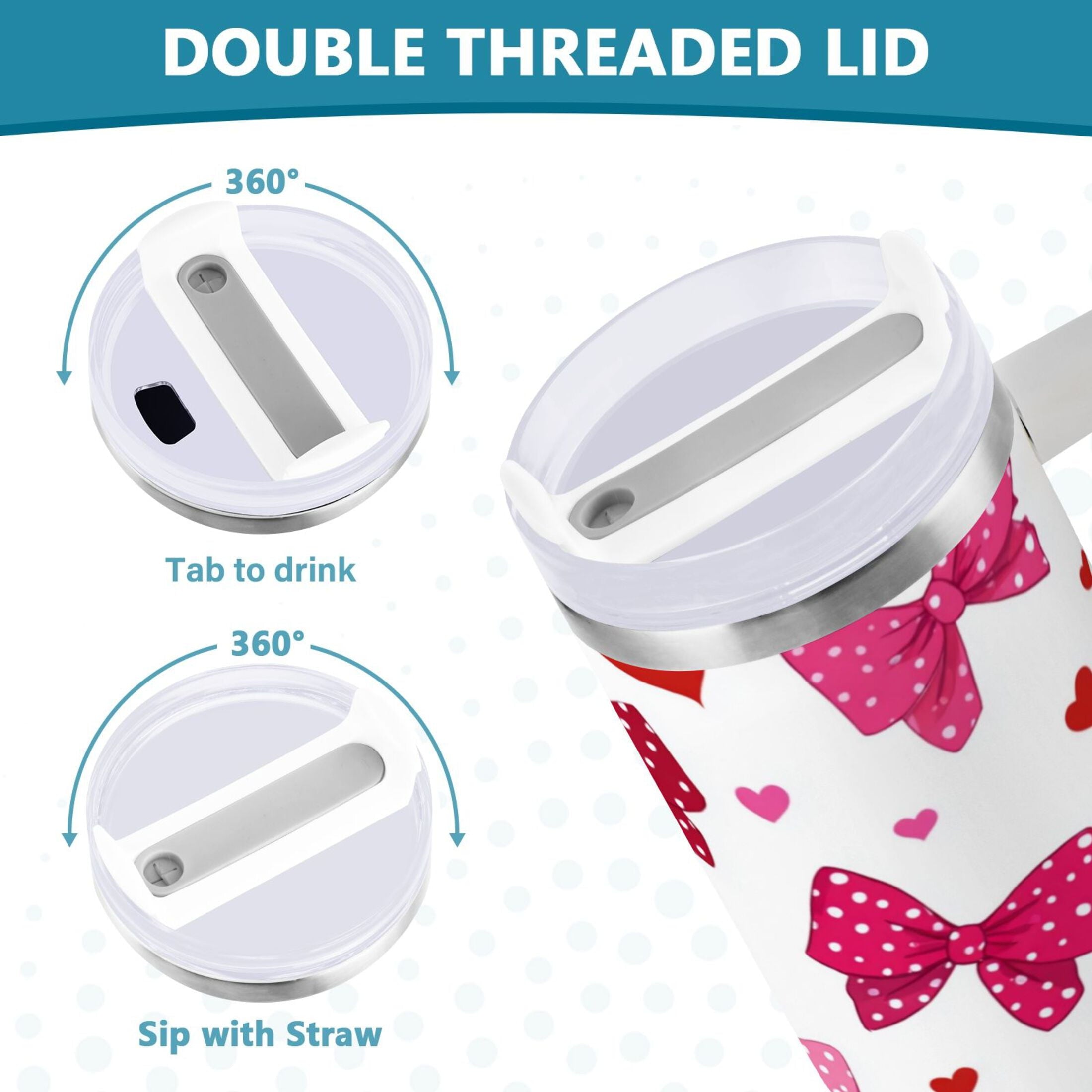30 oz Insulated Stainless Steel Tumbler Double Wall Stainless Steel Tumbler with 2-Way Drinking Red and Pink Bows - FP4C