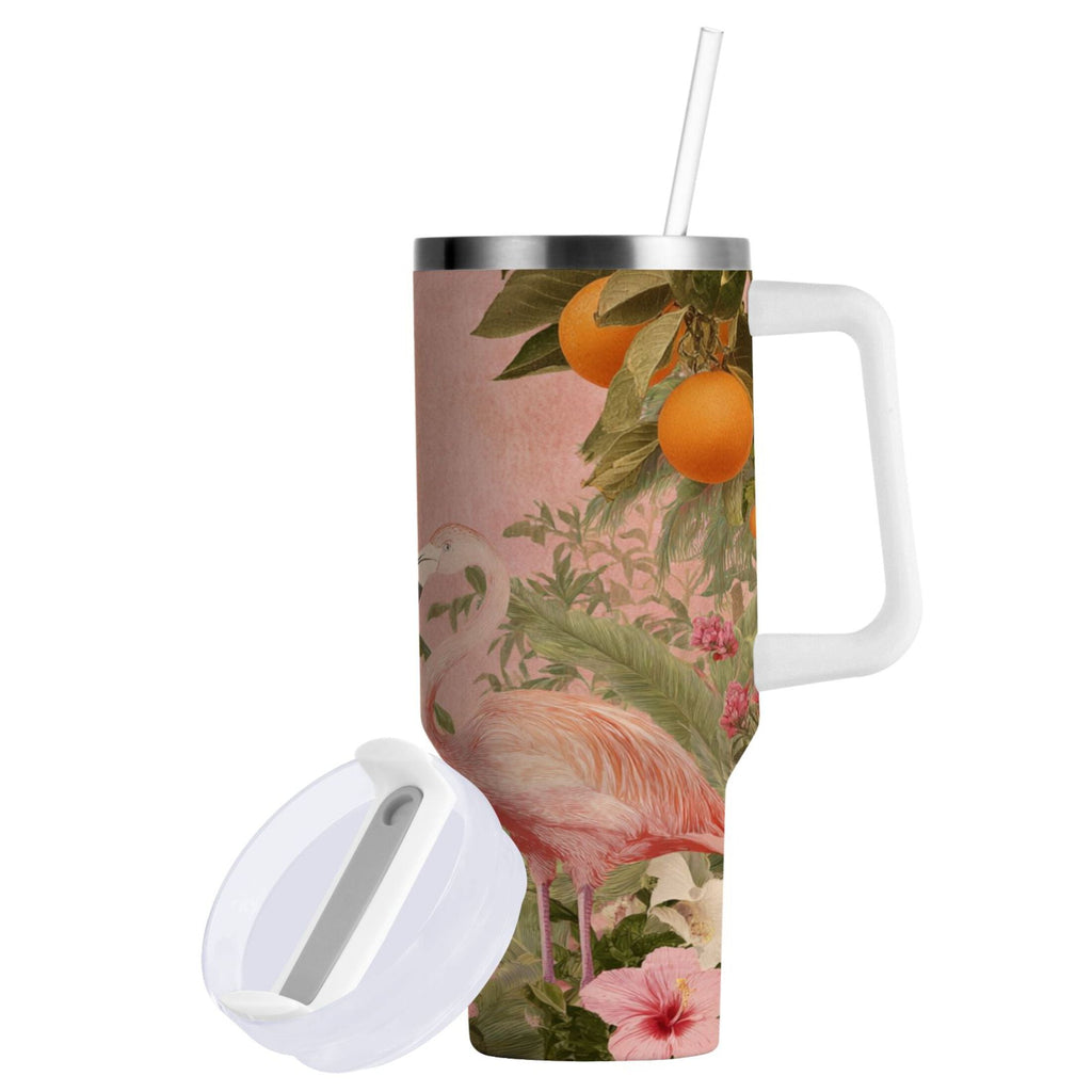 40 oz Insulated Stainless Steel Tumbler Double Wall Stainless Steel Tumbler with 2-Way Drinking Flamingos in Tropical Garden - D7N9
