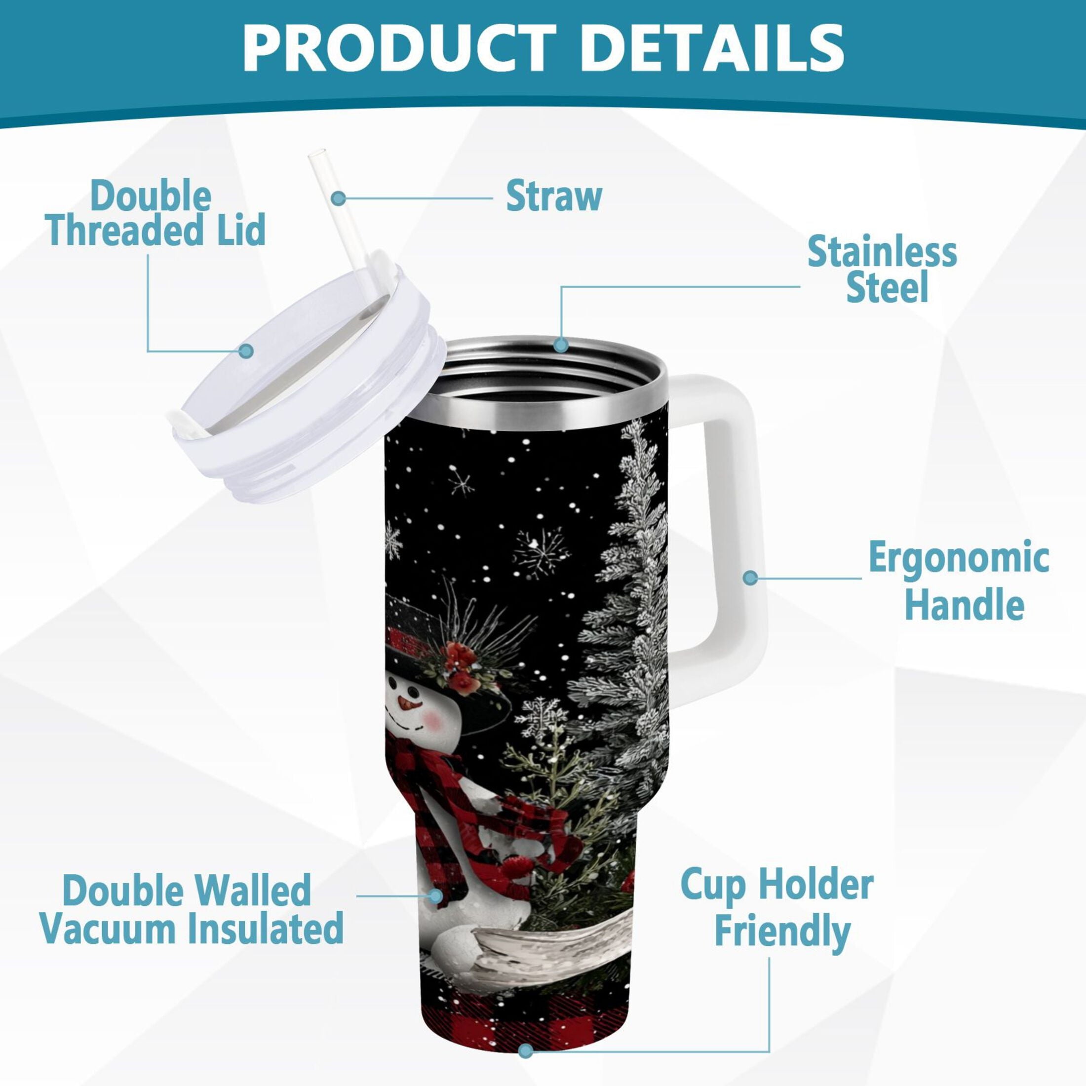 30 oz Insulated Stainless Steel Tumbler Double Wall Stainless Steel Tumbler with 2-Way Drinking Christmas Snowman - ULH4