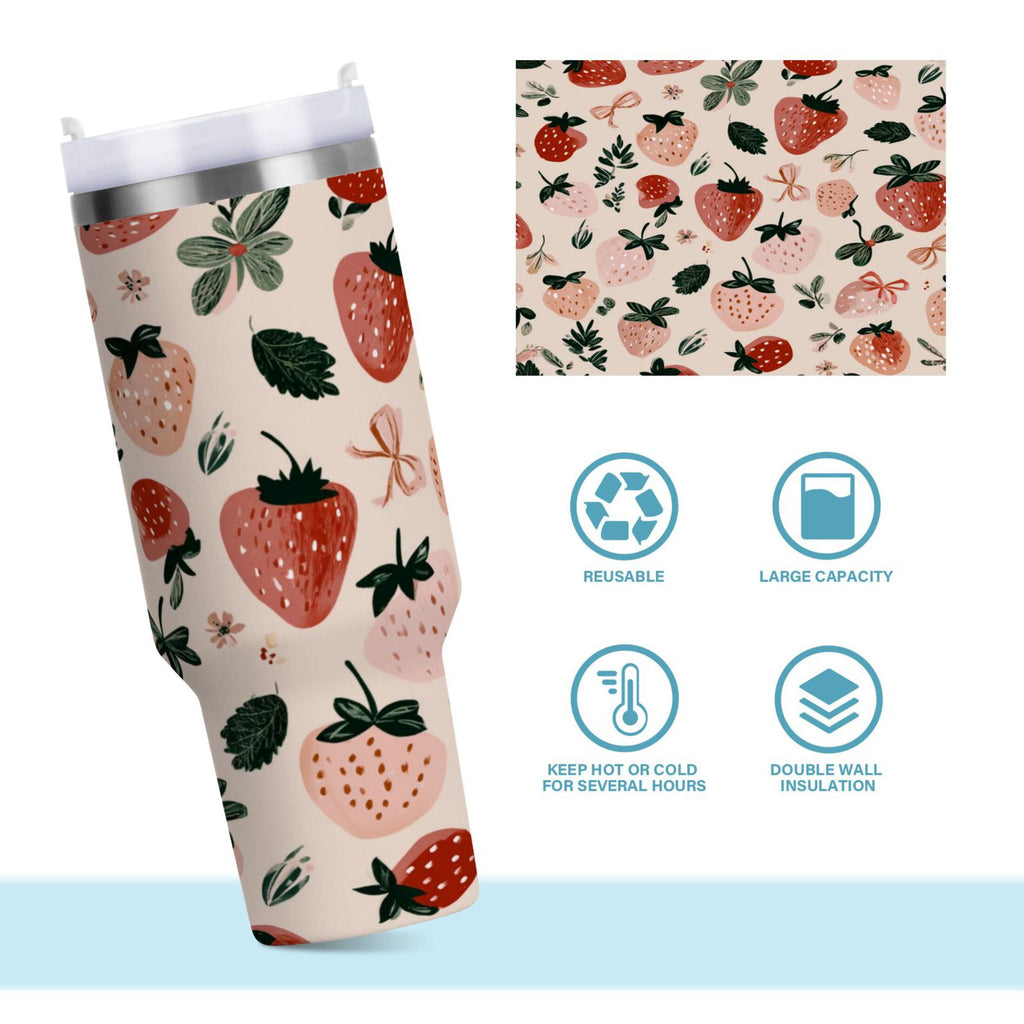 30 oz Insulated Stainless Steel Tumbler Double Wall Stainless Steel Tumbler with 2-Way Drinking Cute Pinks Strawberries - JPDO