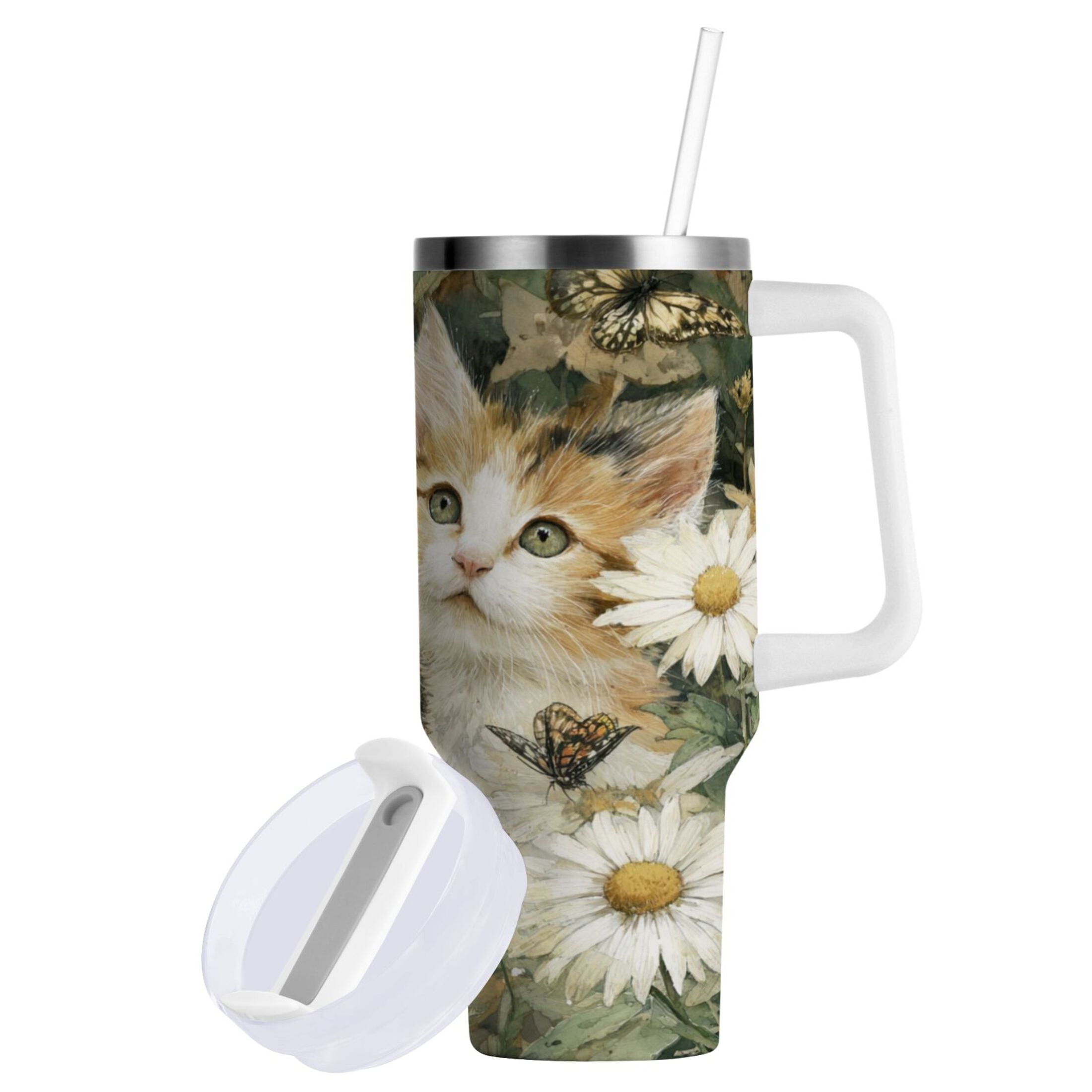 30 oz Insulated Stainless Steel Tumbler Double Wall Stainless Steel Tumbler with 2-Way Drinking Adorable Cats and Daisies - I13N