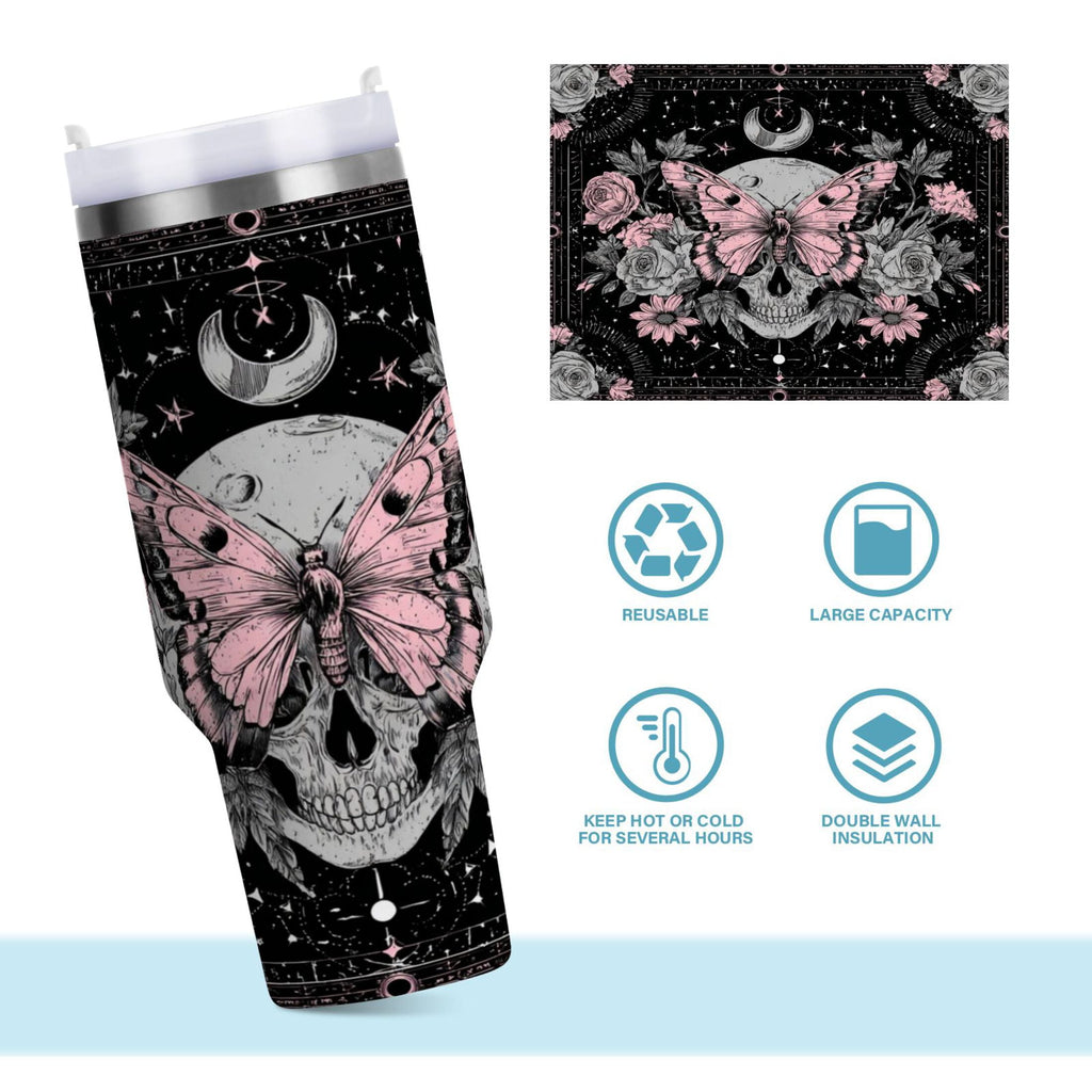 30 oz Insulated Stainless Steel Tumbler Double Wall Stainless Steel Tumbler with 2-Way Drinking Butterfly by Moon and Flowers - M043