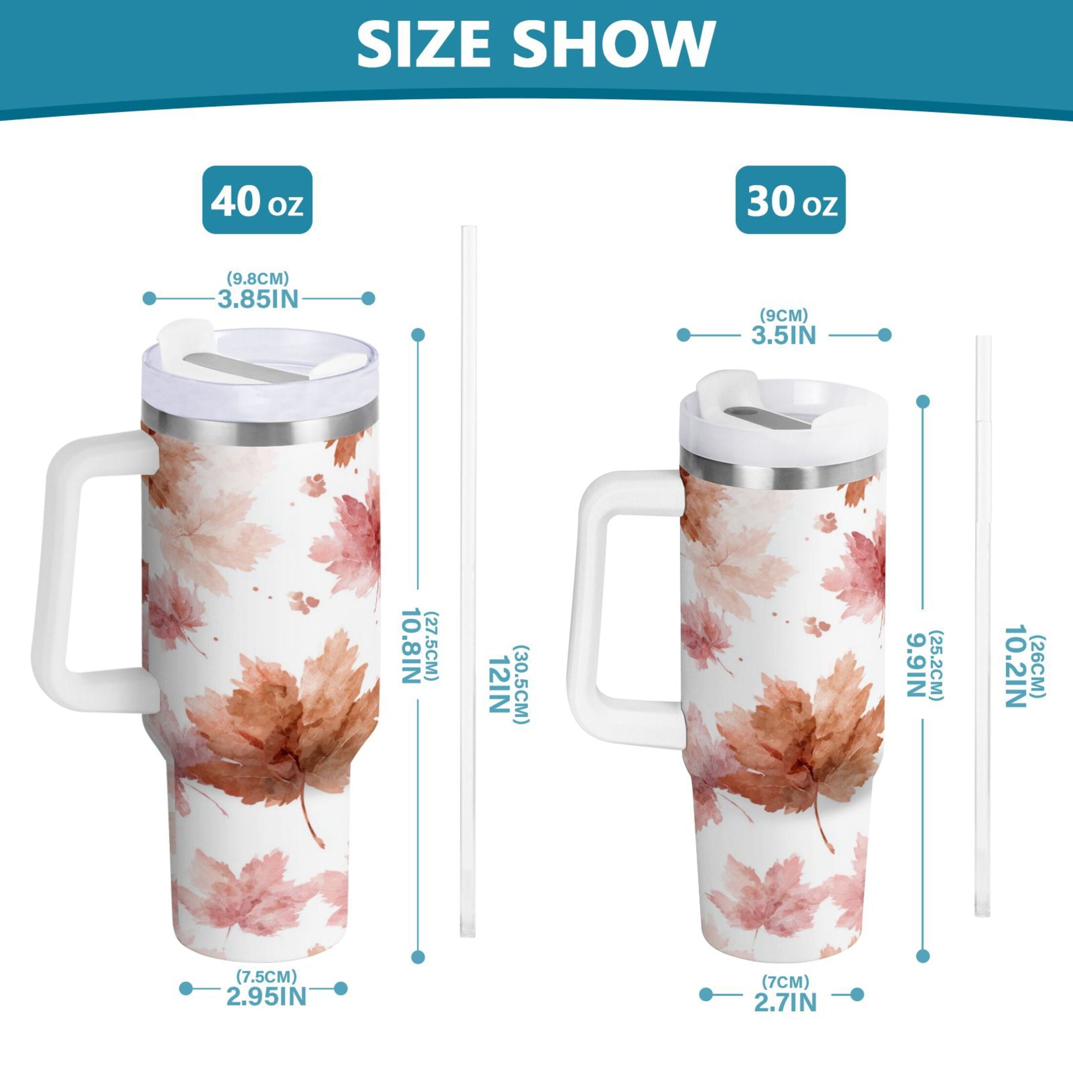 30 oz Insulated Stainless Steel Tumbler Double Wall Stainless Steel Tumbler with 2-Way Drinking Watercolor Pink Maple Leaves - ECBB