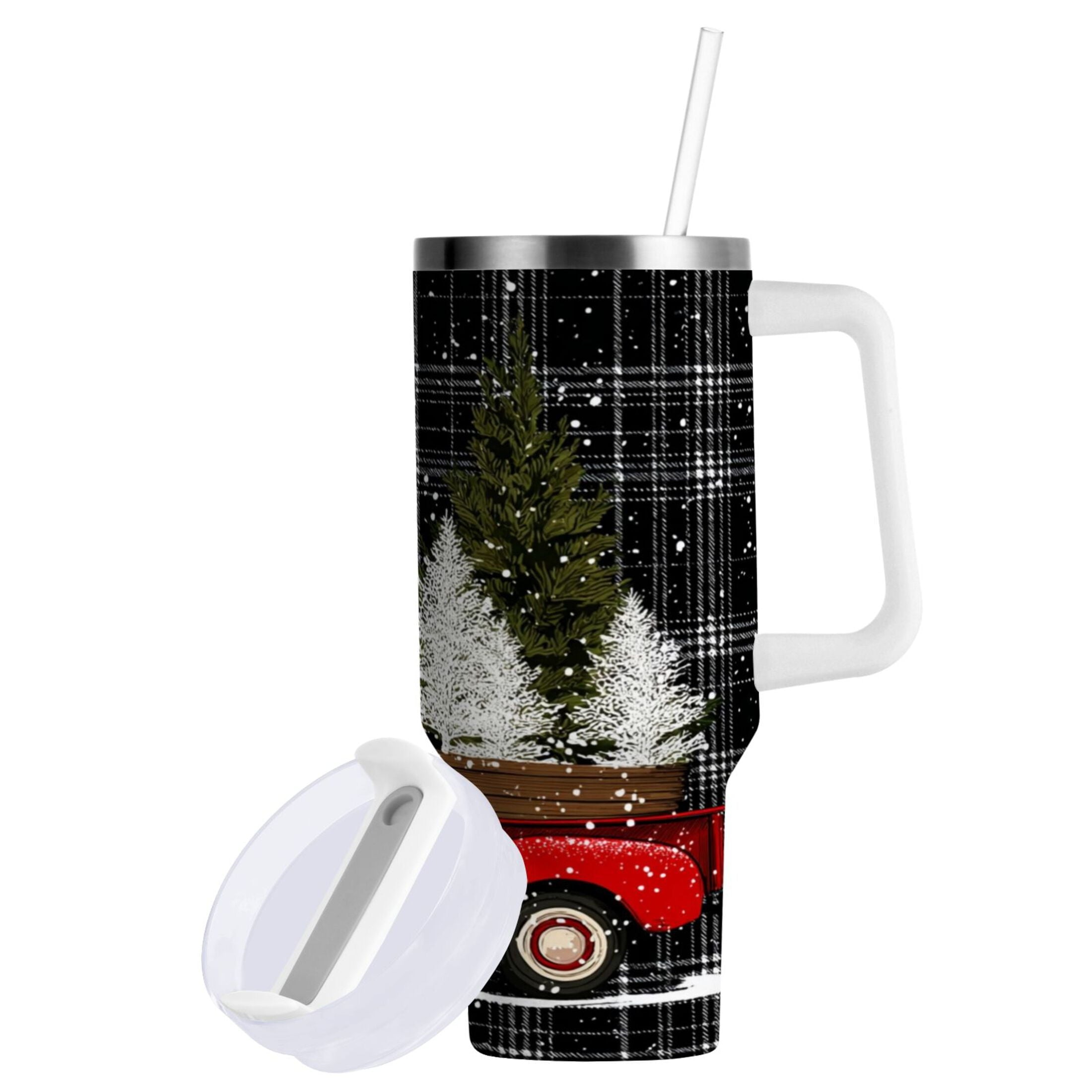 40 oz Insulated Stainless Steel Tumbler Double Wall Stainless Steel Tumbler with 2-Way Drinking Red Truck with Christmas Tree - D5ZO