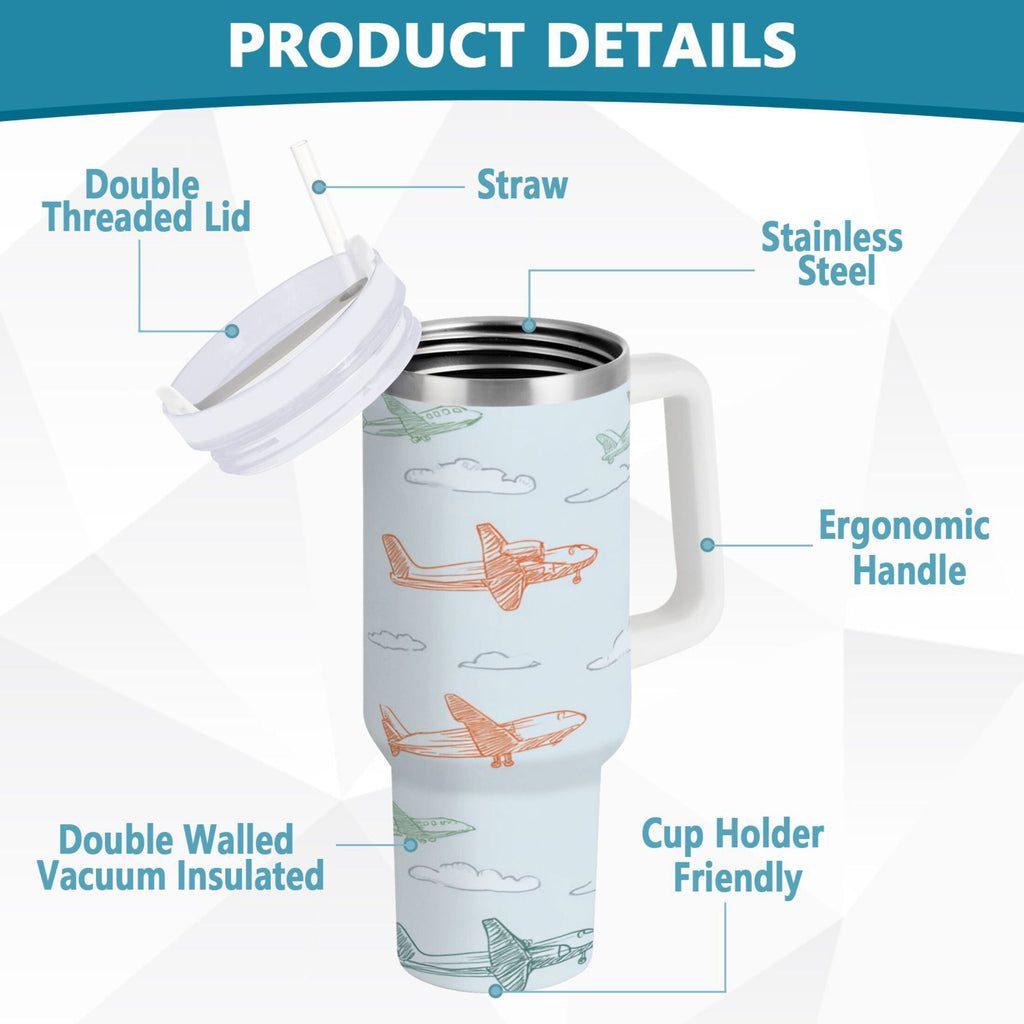 30 oz Insulated Stainless Steel Tumbler Double Wall Stainless Steel Tumbler with 2-Way Drinking Pastel Doodle Airplanes - BTKD