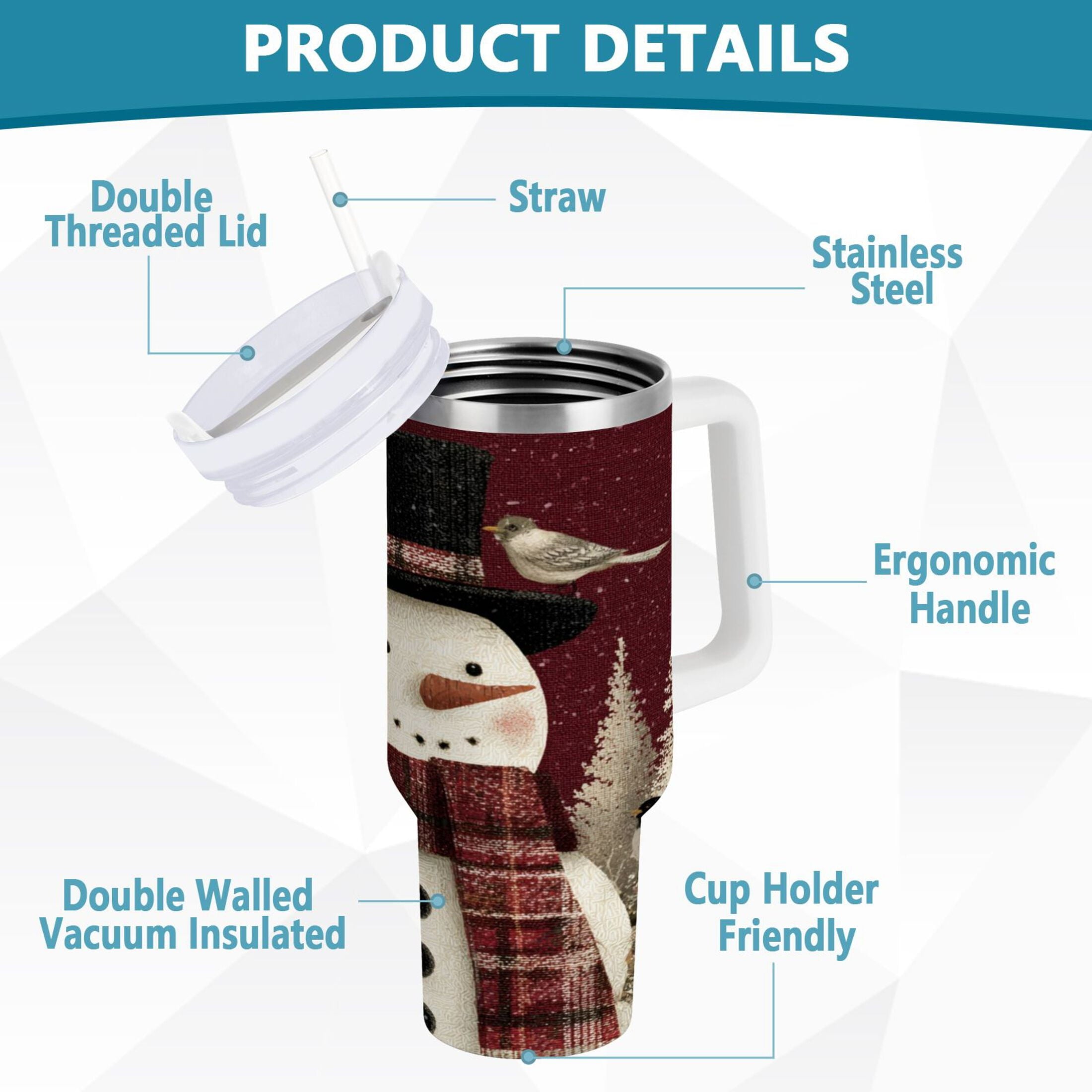30 oz Insulated Stainless Steel Tumbler Double Wall Stainless Steel Tumbler with 2-Way Drinking Snowman and Birds - 7QXZ