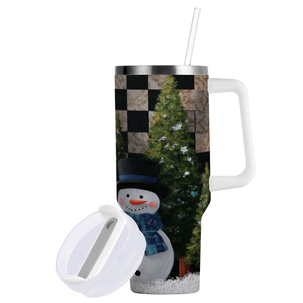 30 oz Insulated Stainless Steel Tumbler Double Wall Stainless Steel Tumbler with 2-Way Drinking Two Snowmen Pattern - YDD1