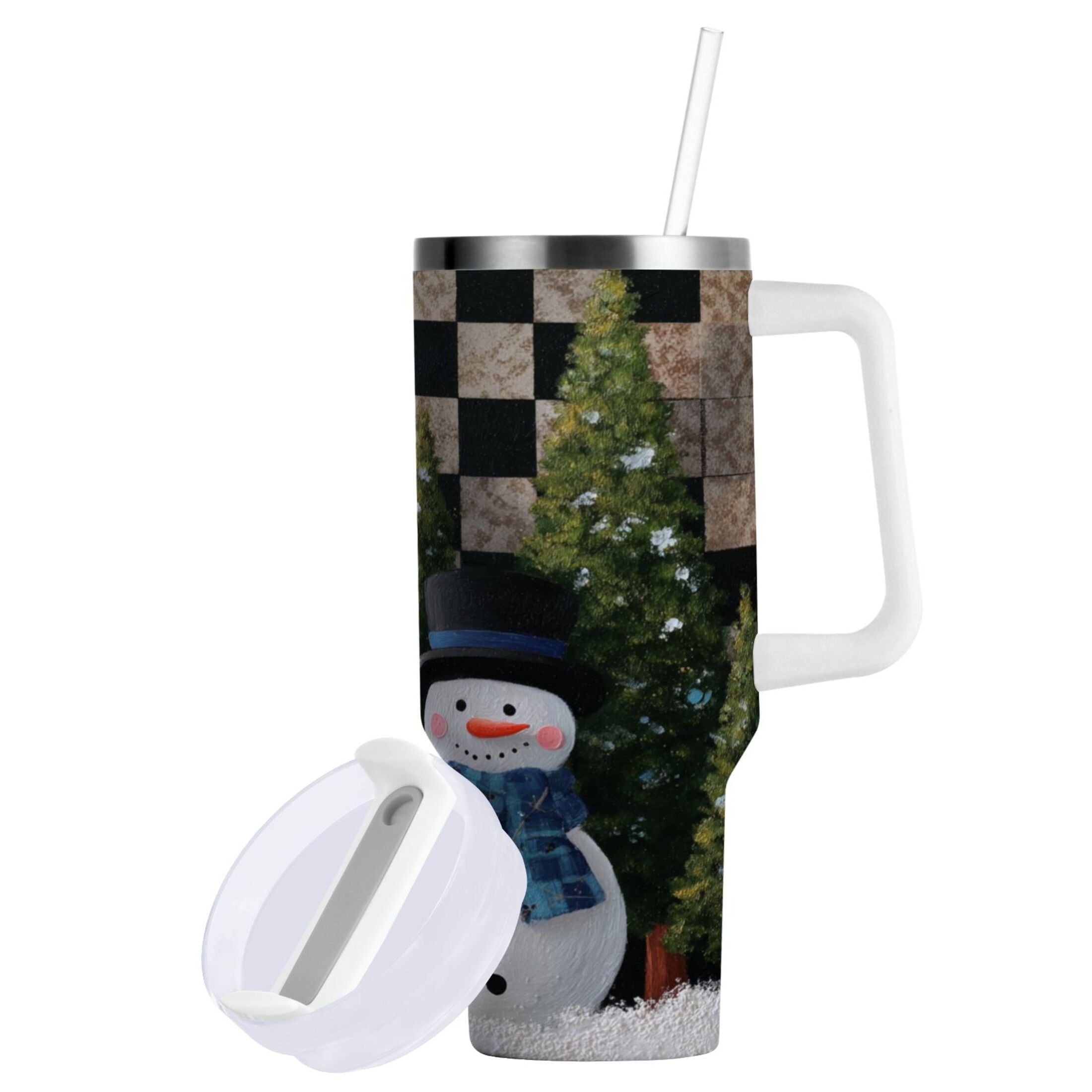 30 oz Insulated Stainless Steel Tumbler Double Wall Stainless Steel Tumbler with 2-Way Drinking Two Snowmen Pattern - YDD1