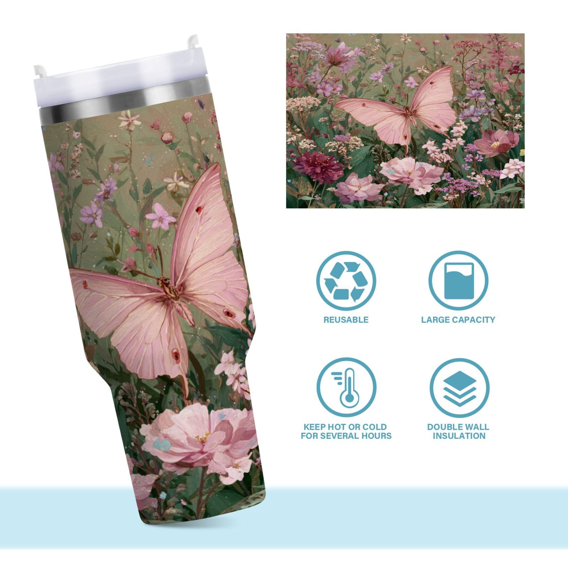 30 oz Insulated Stainless Steel Tumbler Double Wall Stainless Steel Tumbler with 2-Way Drinking Delicate Butterfly - 1QYP