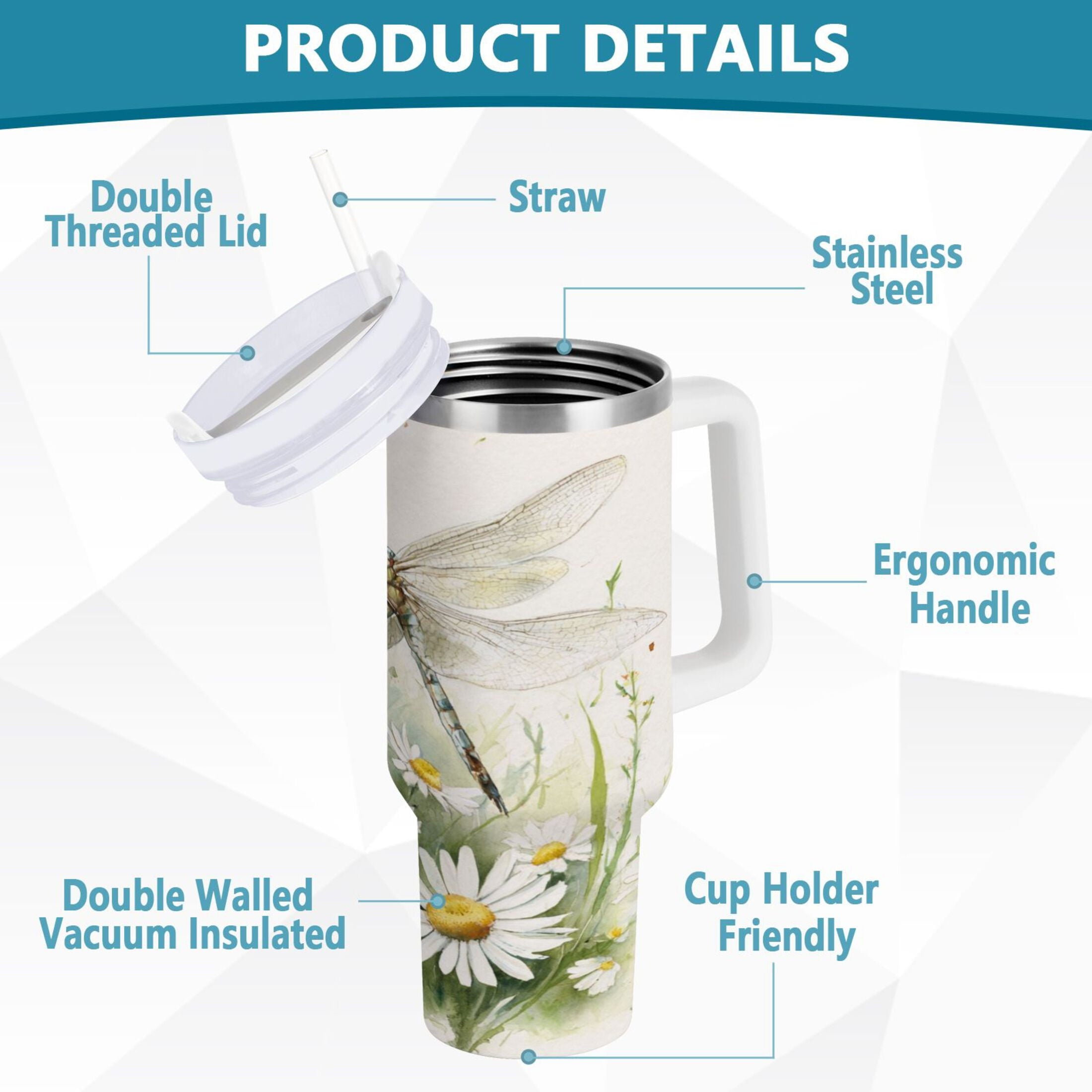 30 oz Insulated Stainless Steel Tumbler Double Wall Stainless Steel Tumbler with 2-Way Drinking Dragonflies with White Daisies - GDM9