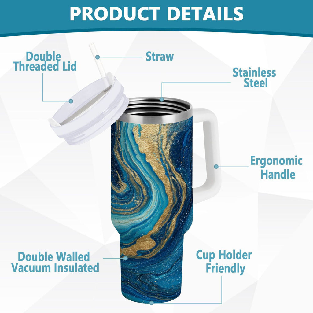 30 oz Insulated Stainless Steel Tumbler Double Wall Stainless Steel Tumbler with 2-Way Drinking Blue and Gold Ocean - JDUF