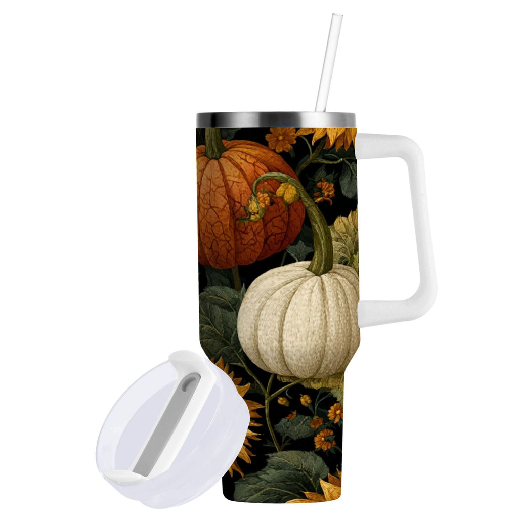 40 oz Insulated Stainless Steel Tumbler Double Wall Stainless Steel Tumbler with 2-Way Drinking Pumpkins and Sunflowers Pattern - GDXS