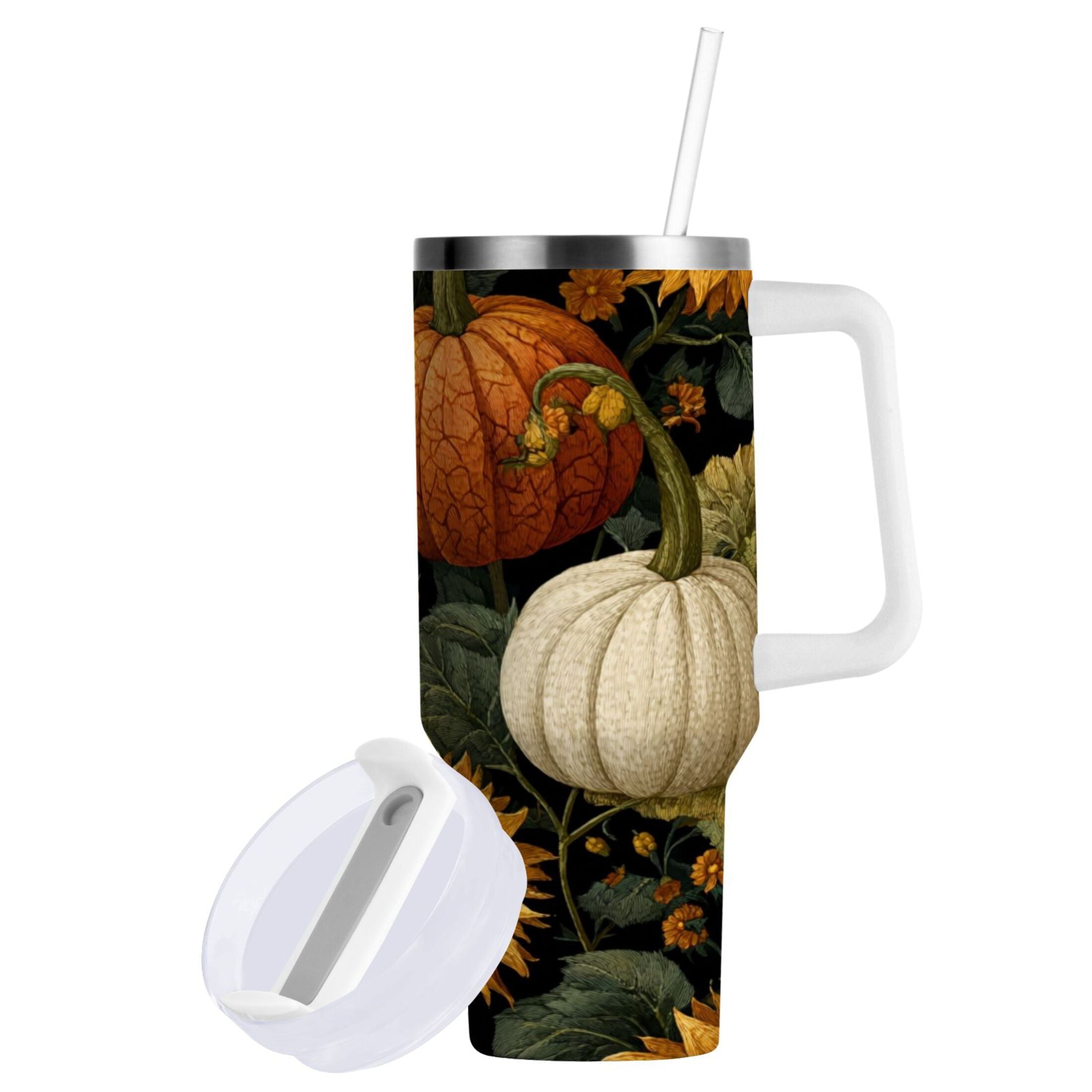 40 oz Insulated Stainless Steel Tumbler Double Wall Stainless Steel Tumbler with 2-Way Drinking Pumpkins and Sunflowers Pattern - GDXS