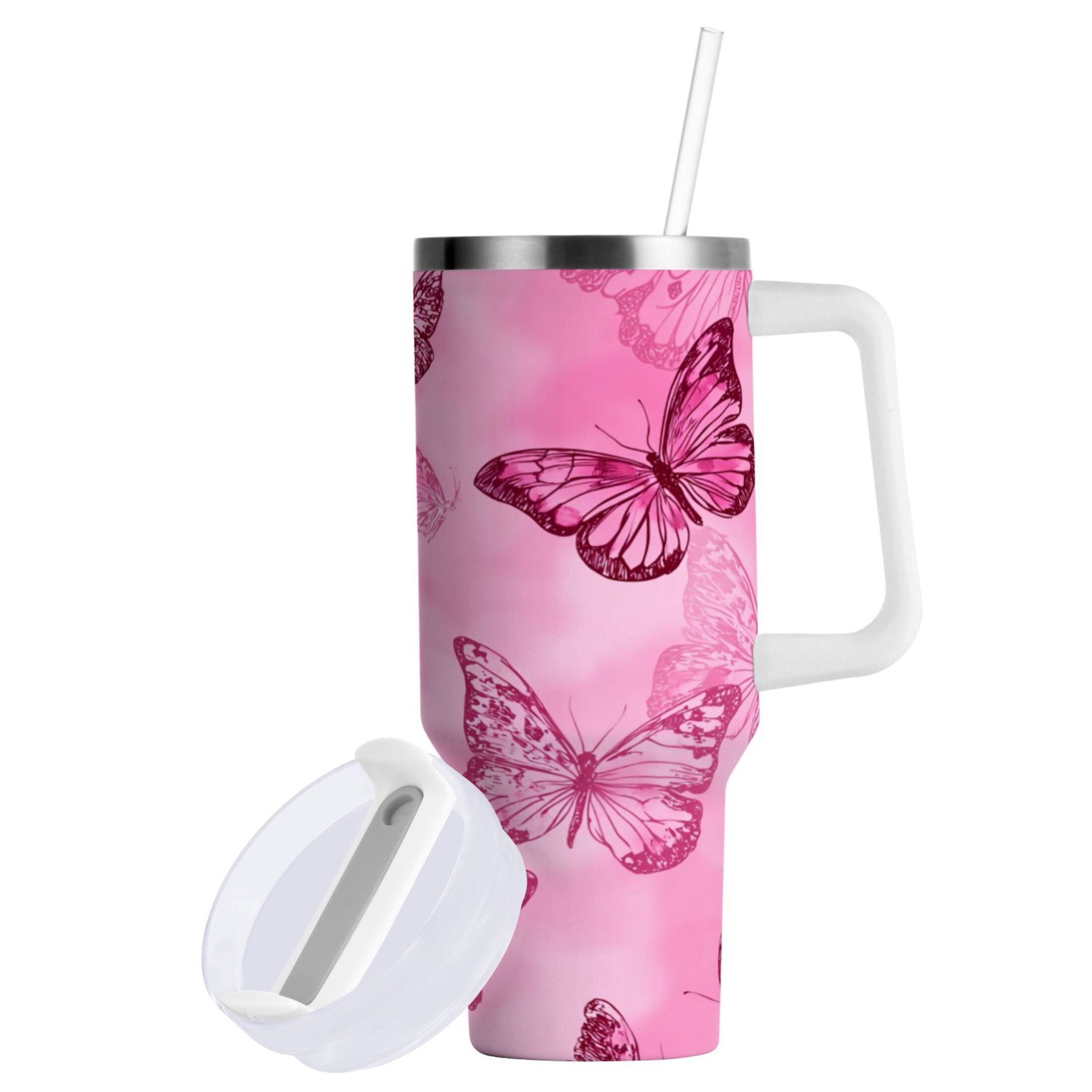 40 oz Insulated Stainless Steel Tumbler Double Wall Stainless Steel Tumbler with 2-Way Drinking Pink Butterfly Pattern - 6IJW