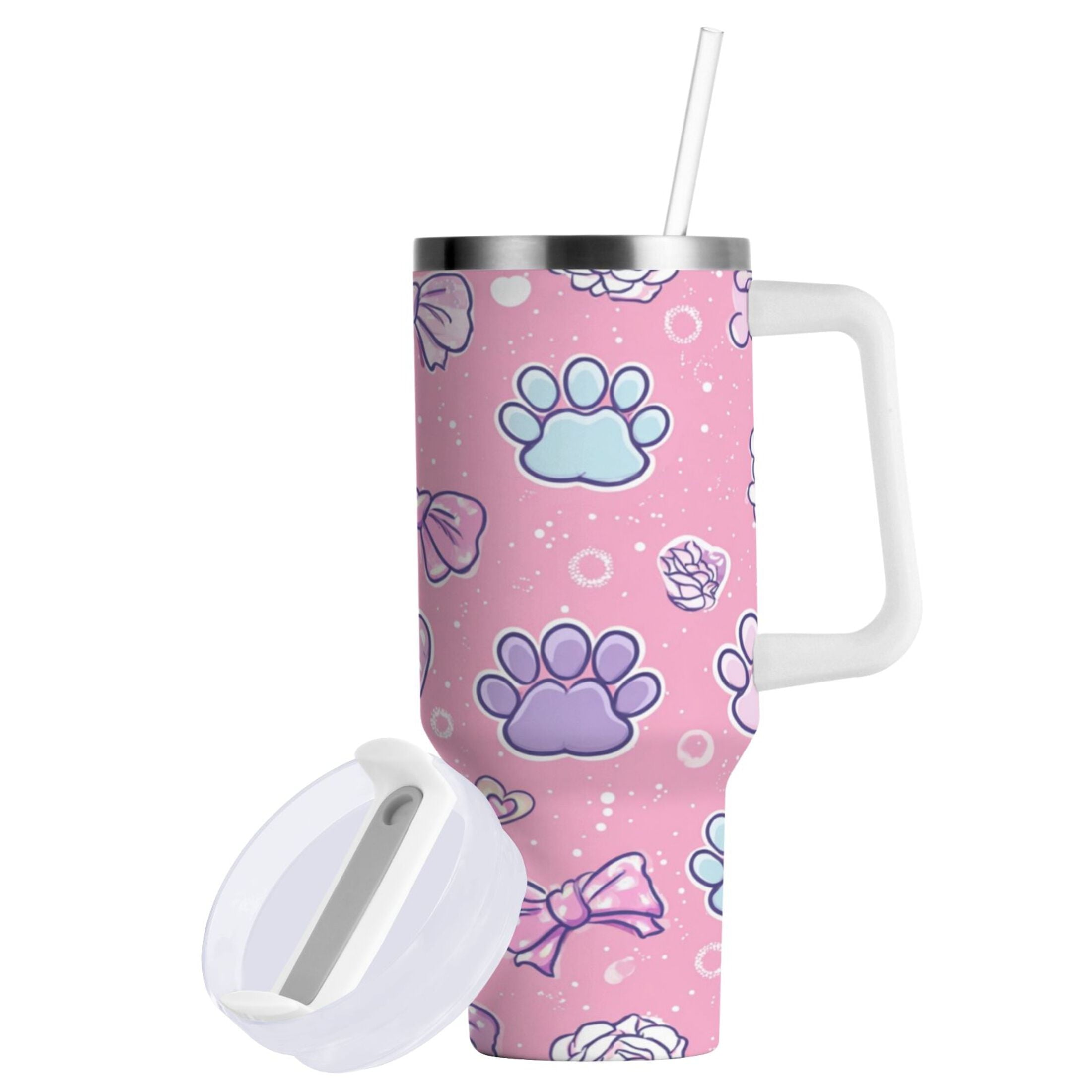 30 oz Insulated Stainless Steel Tumbler Double Wall Stainless Steel Tumbler with 2-Way Drinking Dog Paw Prints and Bows - F7K9