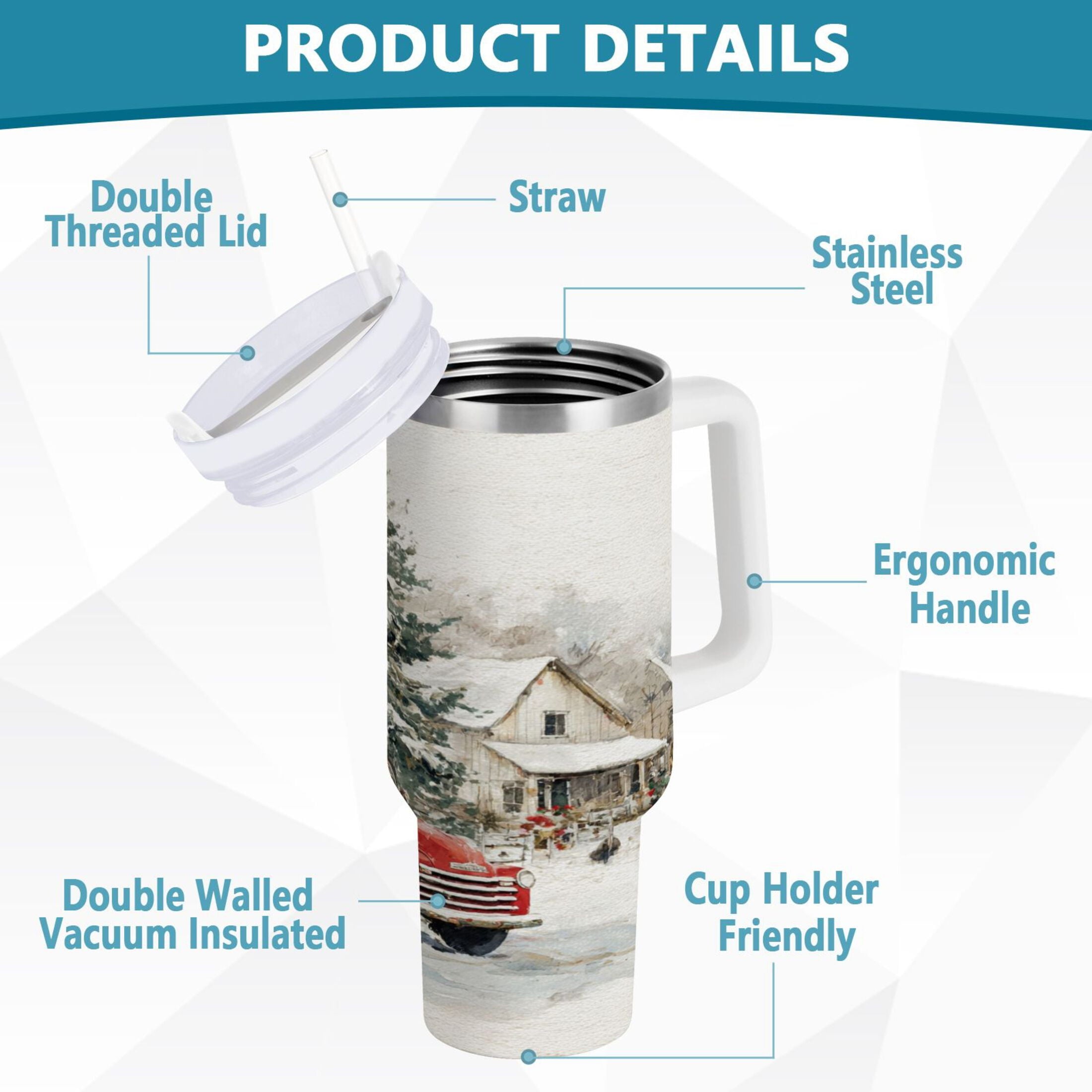 30 oz Insulated Stainless Steel Tumbler Double Wall Stainless Steel Tumbler with 2-Way Drinking Truck with Christmas Decorations - Q3LM
