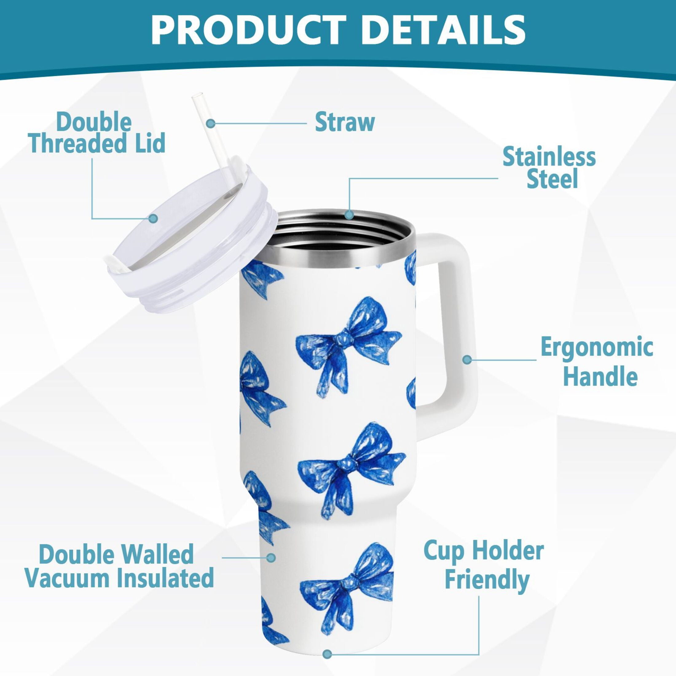 30 oz Insulated Stainless Steel Tumbler Double Wall Stainless Steel Tumbler with 2-Way Drinking Blue Bows Pattern - V80H