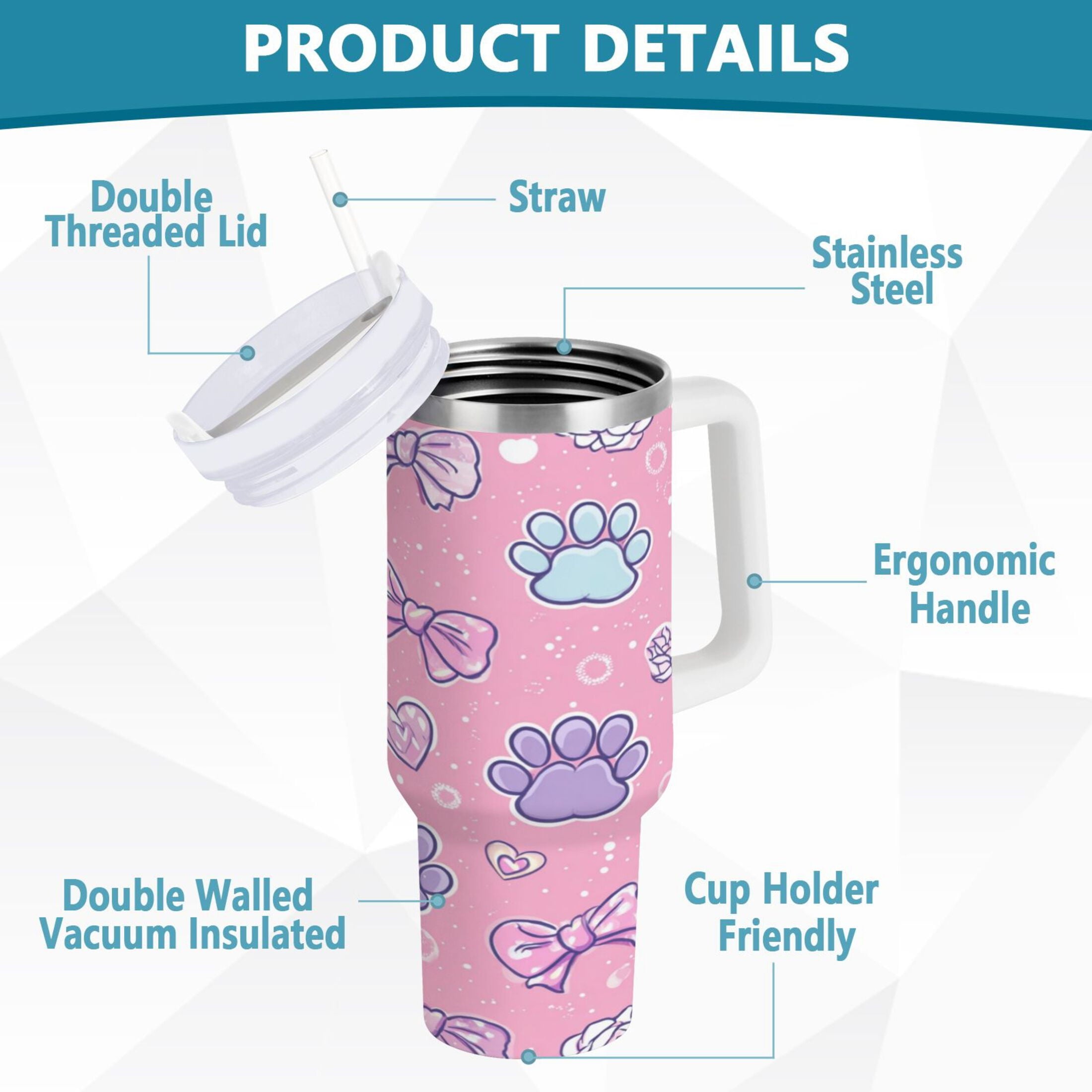 30 oz Insulated Stainless Steel Tumbler Double Wall Stainless Steel Tumbler with 2-Way Drinking Dog Paw Prints and Bows - F7K9