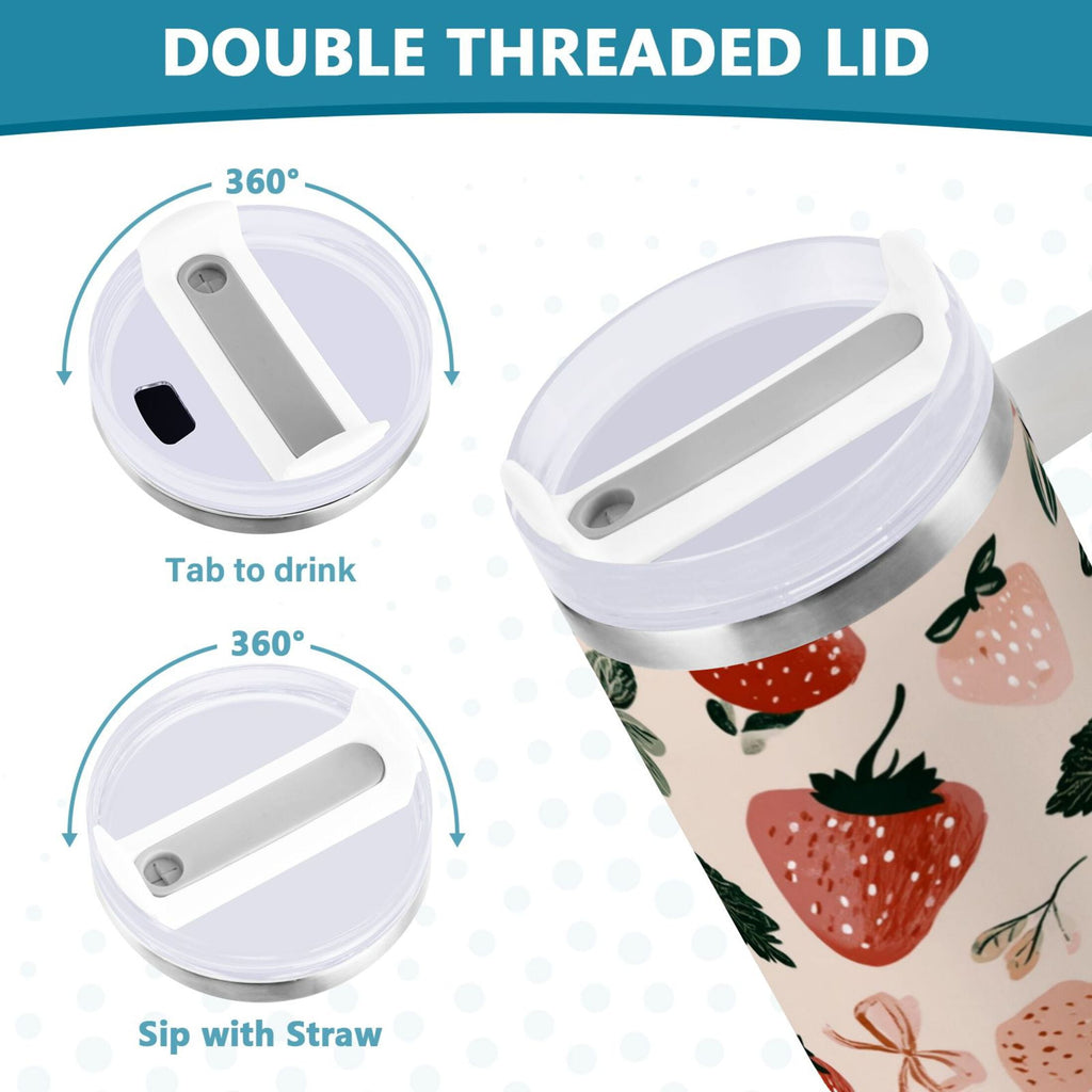30 oz Insulated Stainless Steel Tumbler Double Wall Stainless Steel Tumbler with 2-Way Drinking Cute Pinks Strawberries - JPDO