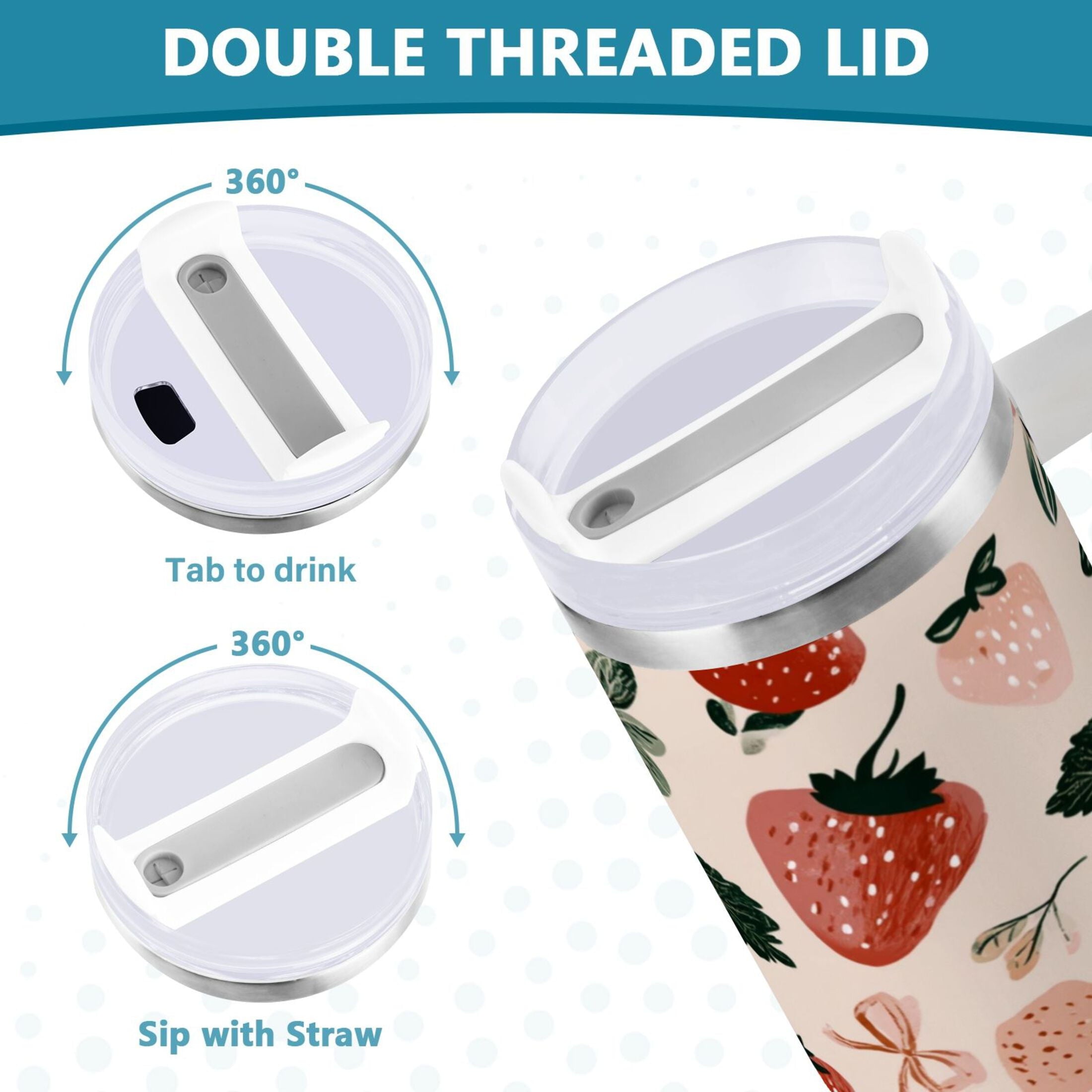 30 oz Insulated Stainless Steel Tumbler Double Wall Stainless Steel Tumbler with 2-Way Drinking Cute Pinks Strawberries - JPDO